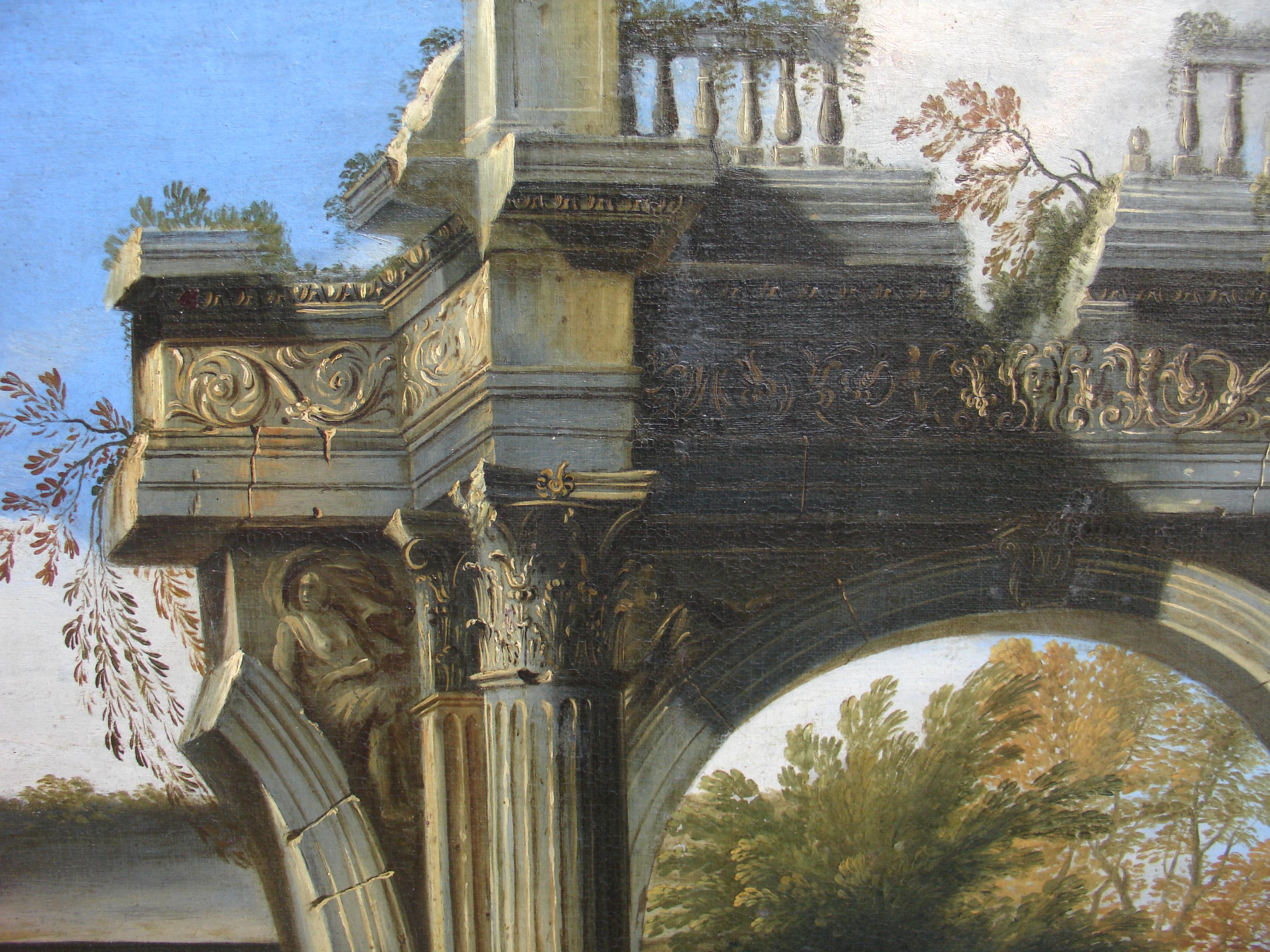 Capriccio of a Mediterranean Port and classical architectural ruins with the statue of Hercules. 
Oil on canvas with a finely carved giltwood coeval frame.
Published; IL CAPRICCIO ARCHITETTONICO IN ITALIA NEL XVII E XVIII SECOLO
  di Giancarlo