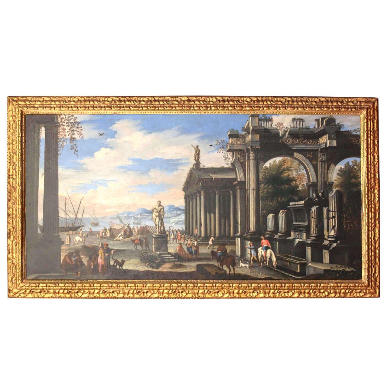 Giovanni Ghisolfi Landscape Painting - Capriccio - 17th Century Oil on Canvas Classical Architectural Ruins Painting 