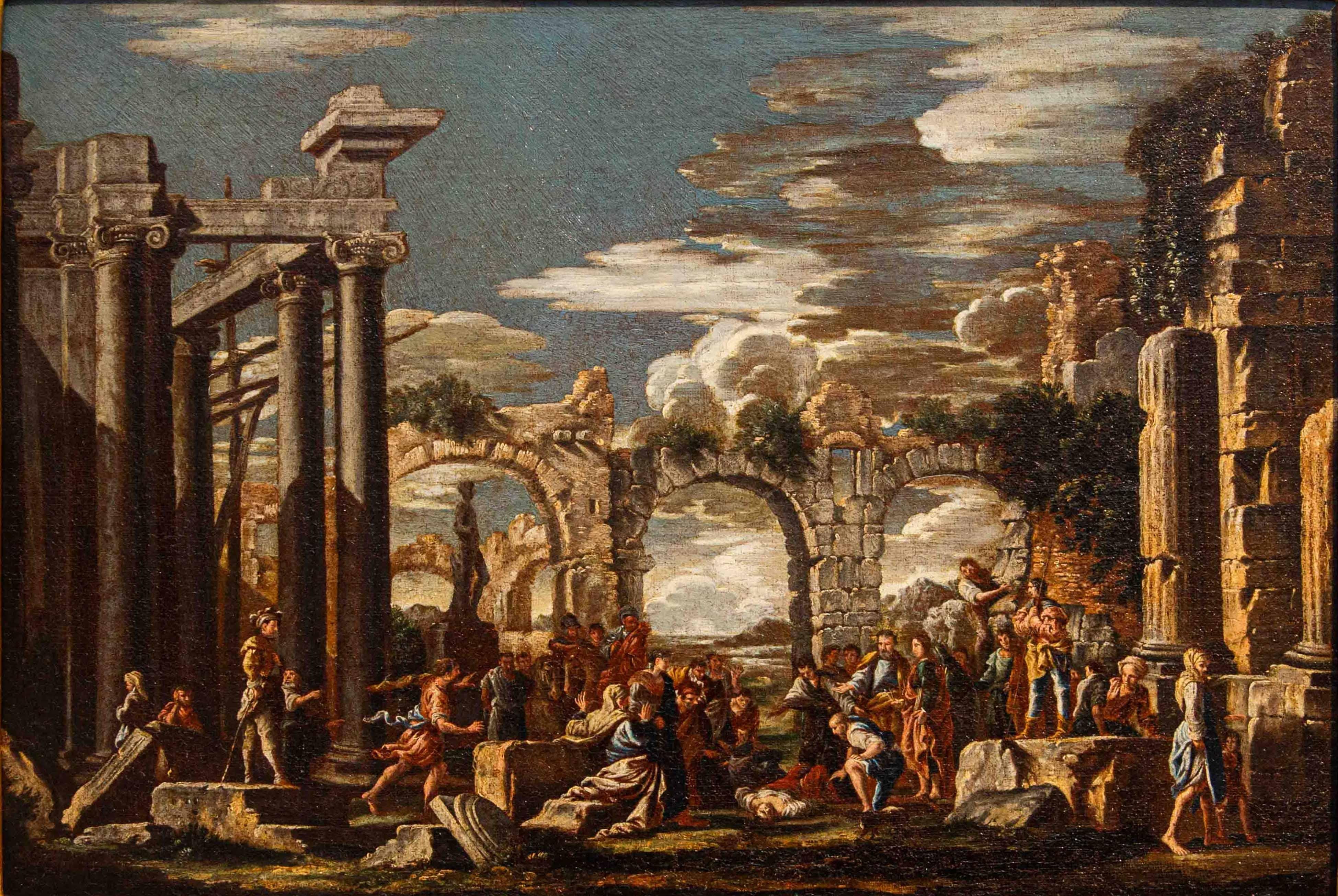 capriccio with biblical scene painted by Giovanni Ghisolfi For Sale 2