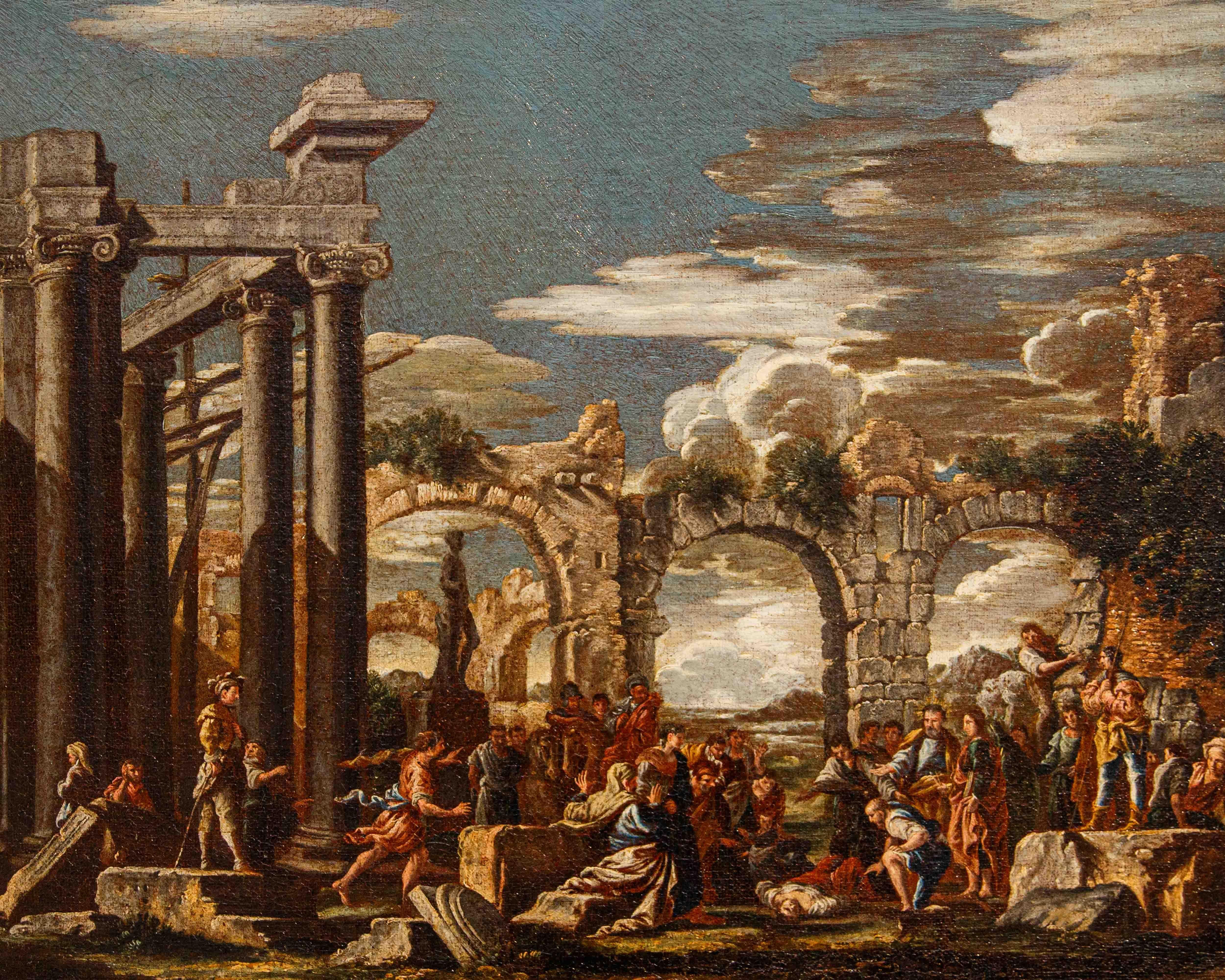 capriccio with biblical scene painted by Giovanni Ghisolfi For Sale 3