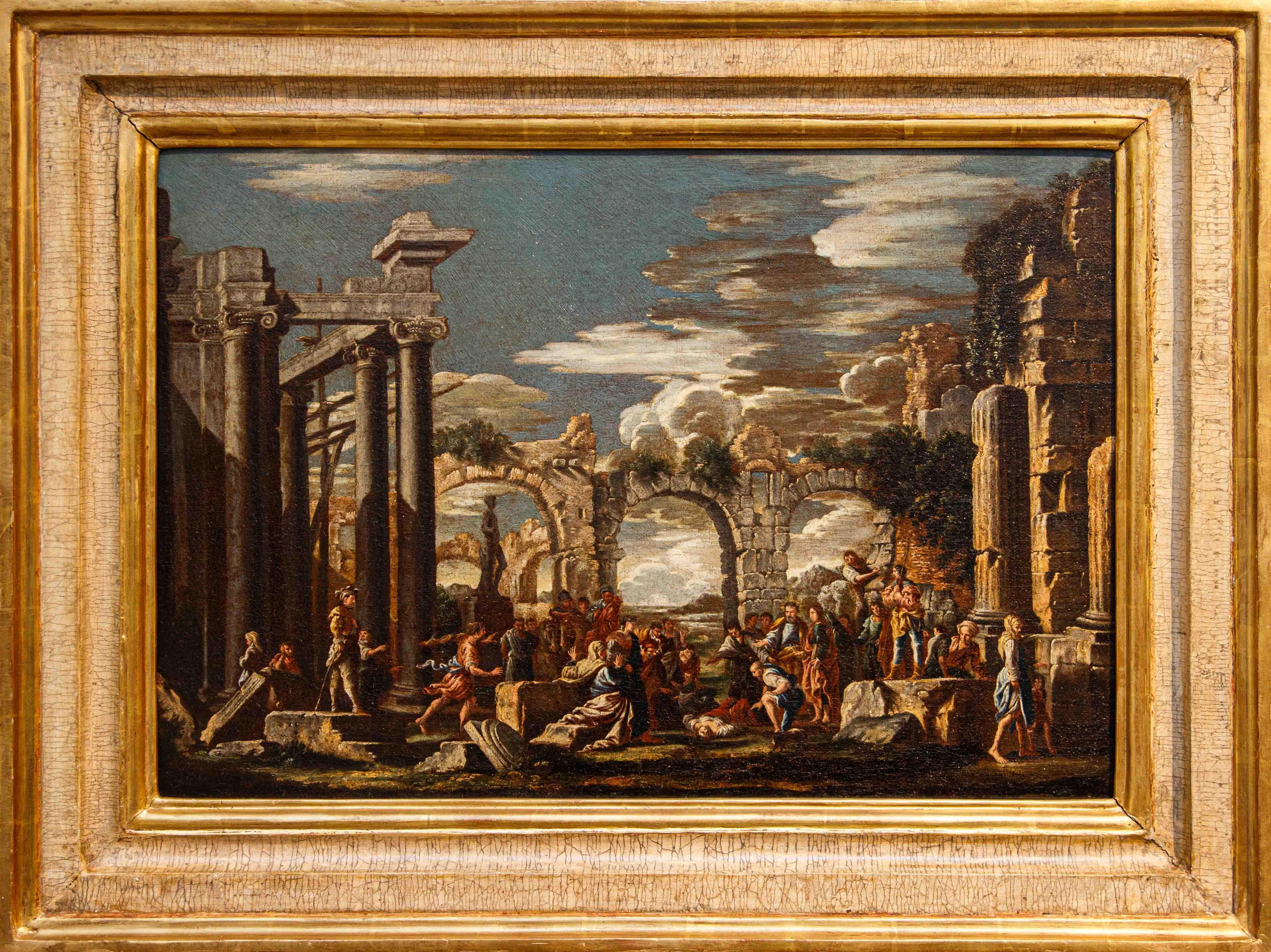 Giovanni Ghisolfi (Milan, 1623 - 1683), attr.
Capriccio with biblical scene
Oil on canvas, 50X74 cm
Framed, 67 x 90 cm

The work under consideration depicts a biblical episode within a background of classical architectural ruins. More specifically,