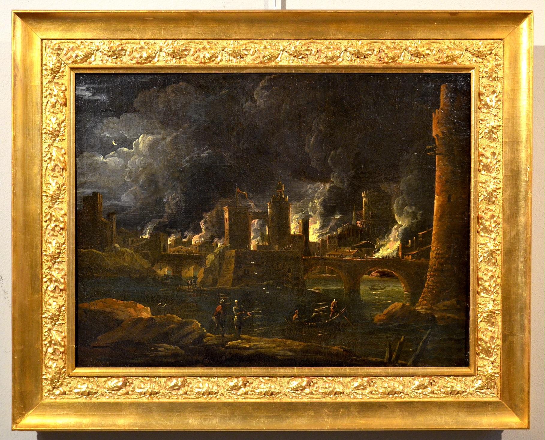 Nocturnal Landscape Troy Grevenbroeck Paint Oil on canvas Old master 17th Centur - Painting by Giovanni Grevenbroeck, known as il Solfarolo (Netherlands, c. 1650 - Milan, post 1699)