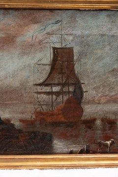 Italian School Panoramic Harbor Capriccio with Figures and Ships 17th century