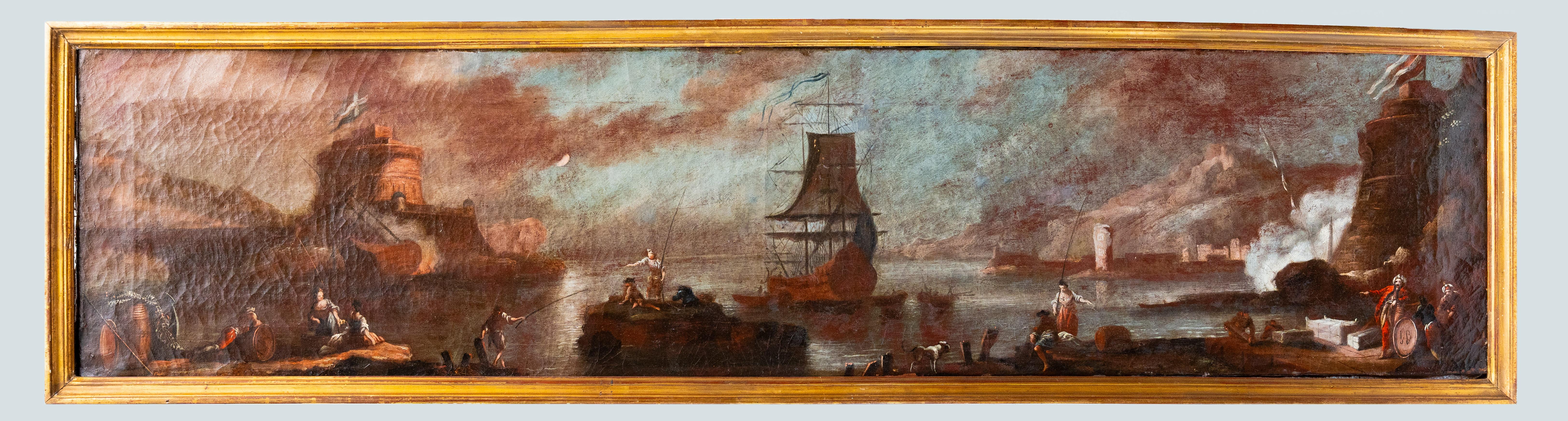 Italian School Panoramic Harbor Capriccio with Figures and Ships 17th century