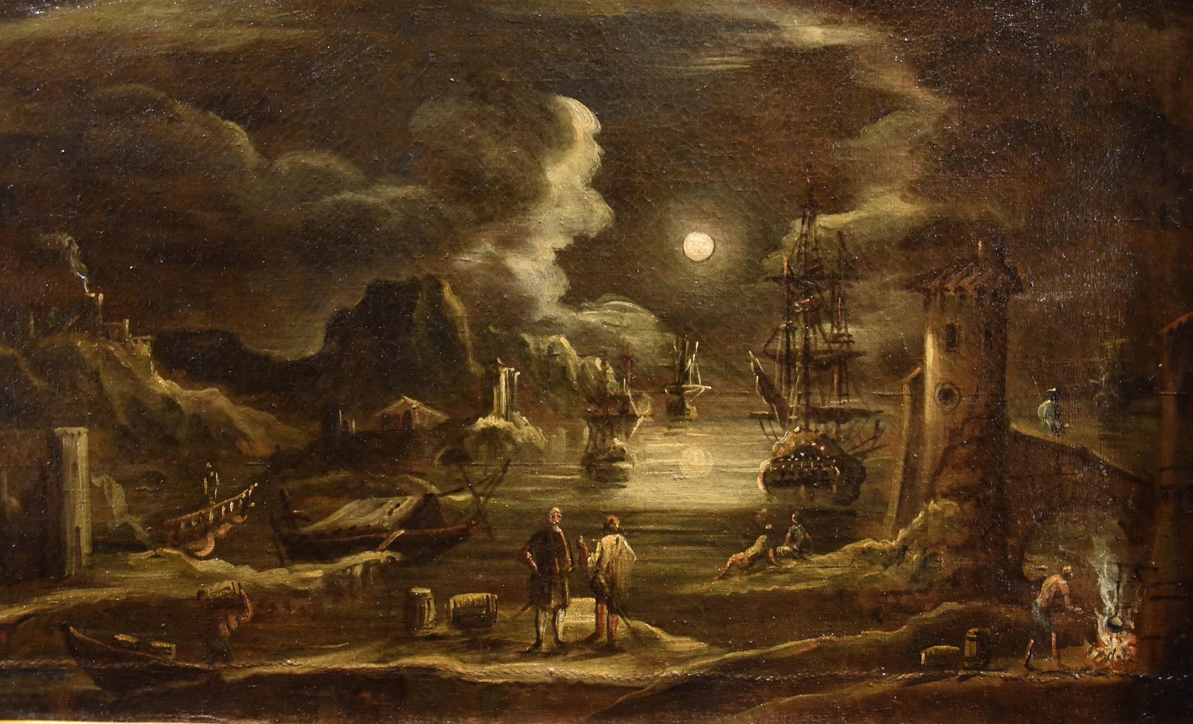 Port Moonlight See Landscape Grevenbroeck Paint 17th Century Oil on canvas For Sale 7