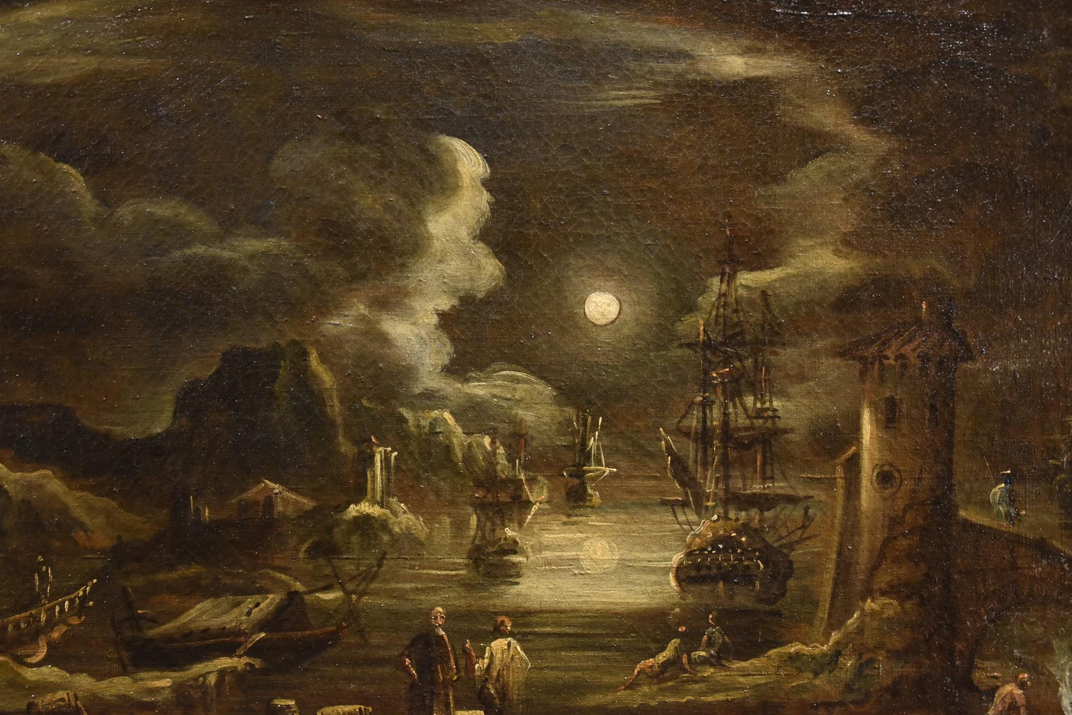 Port Moonlight See Landscape Grevenbroeck Paint 17th Century Oil on canvas For Sale 8
