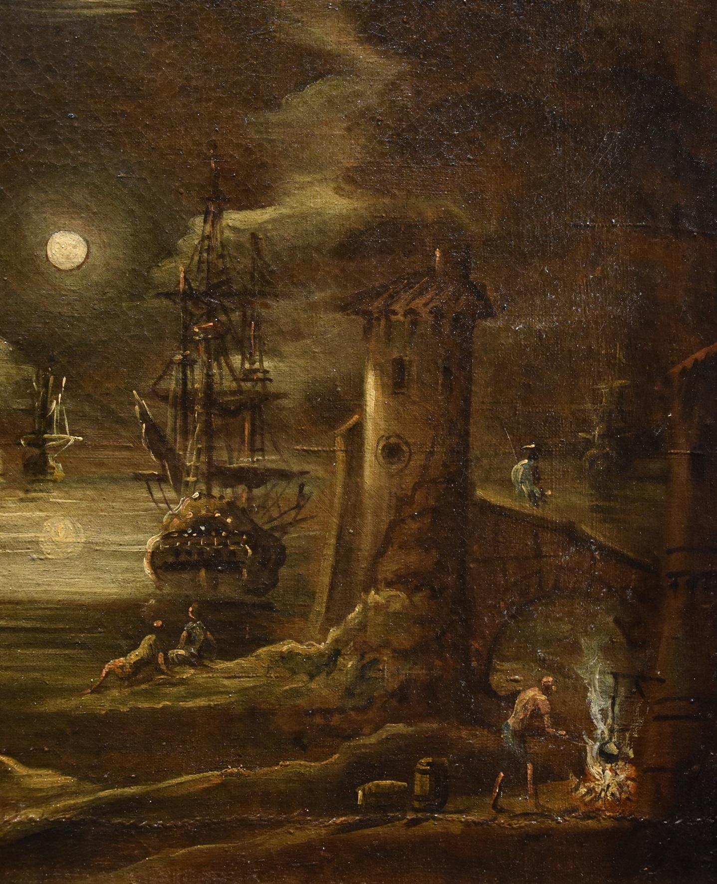 Port Moonlight See Landscape Grevenbroeck Paint 17th Century Oil on canvas For Sale 9