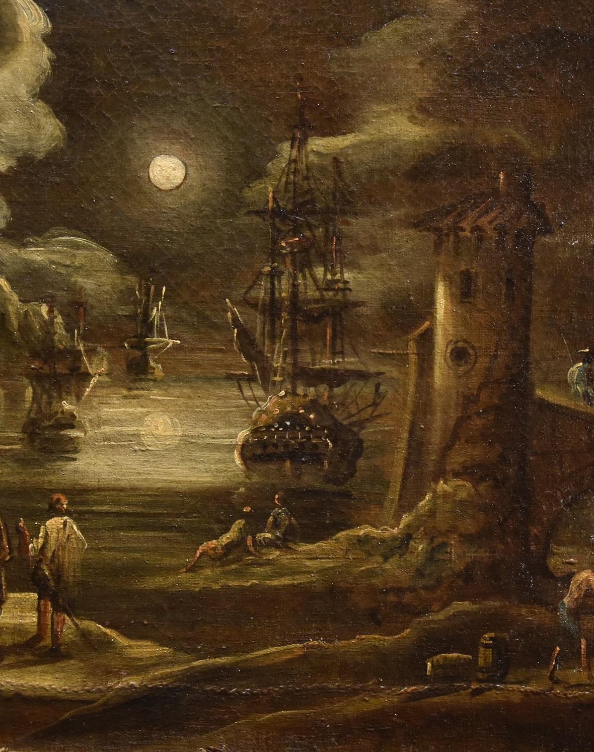 Port Moonlight See Landscape Grevenbroeck Paint 17th Century Oil on canvas For Sale 10