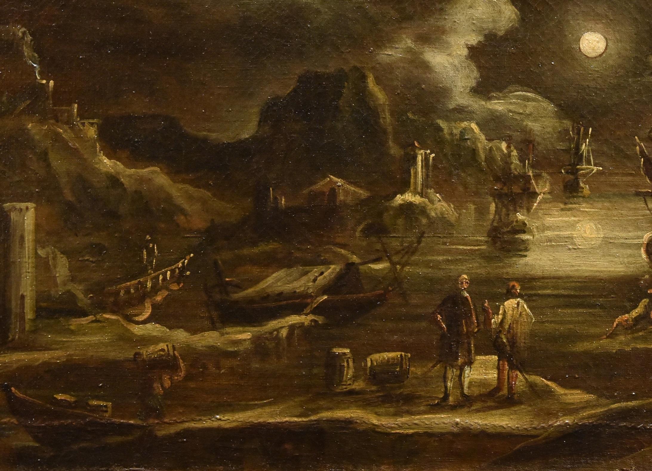 Port Moonlight See Landscape Grevenbroeck Paint 17th Century Oil on canvas For Sale 11