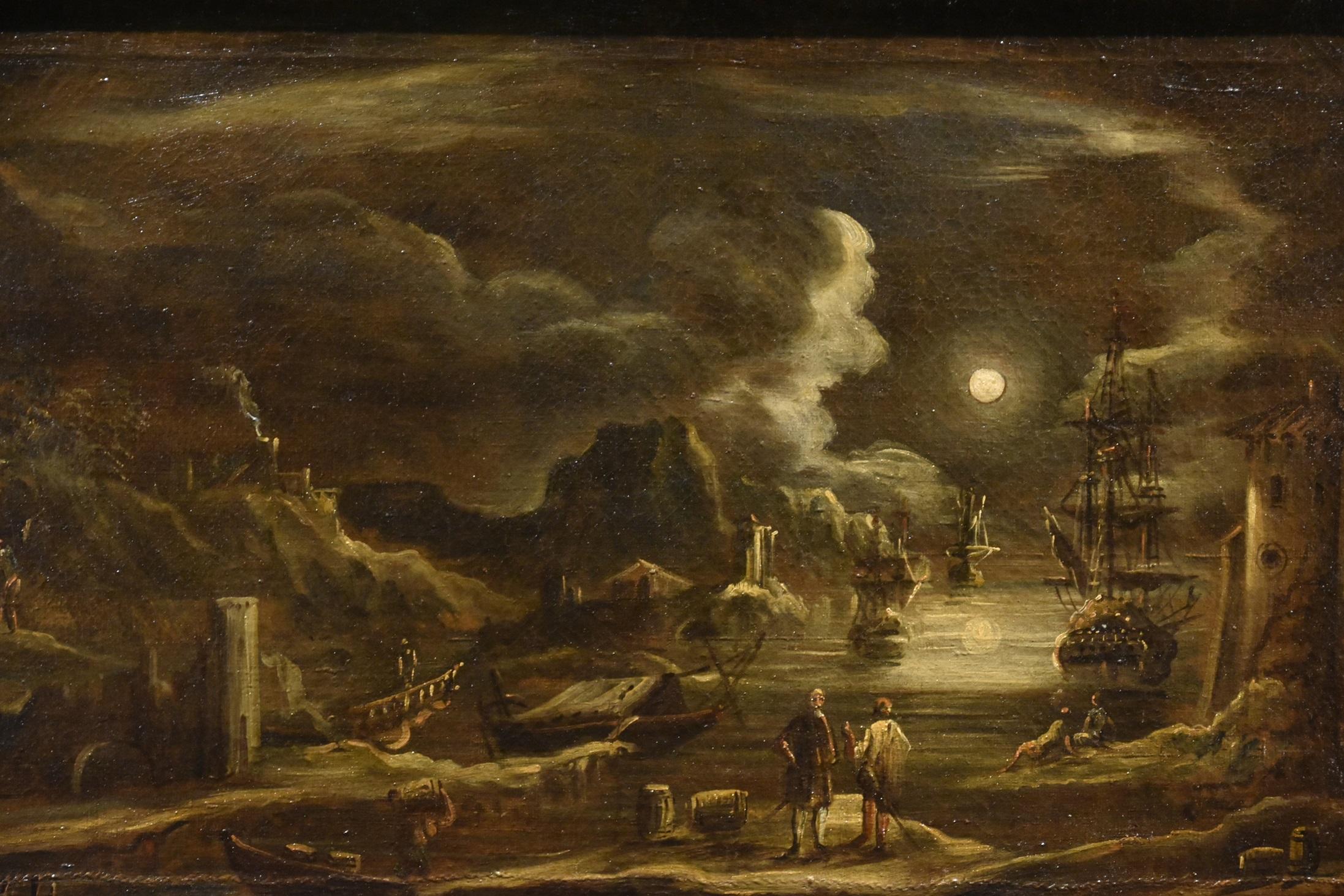 Port Moonlight See Landscape Grevenbroeck Paint 17th Century Oil on canvas For Sale 12