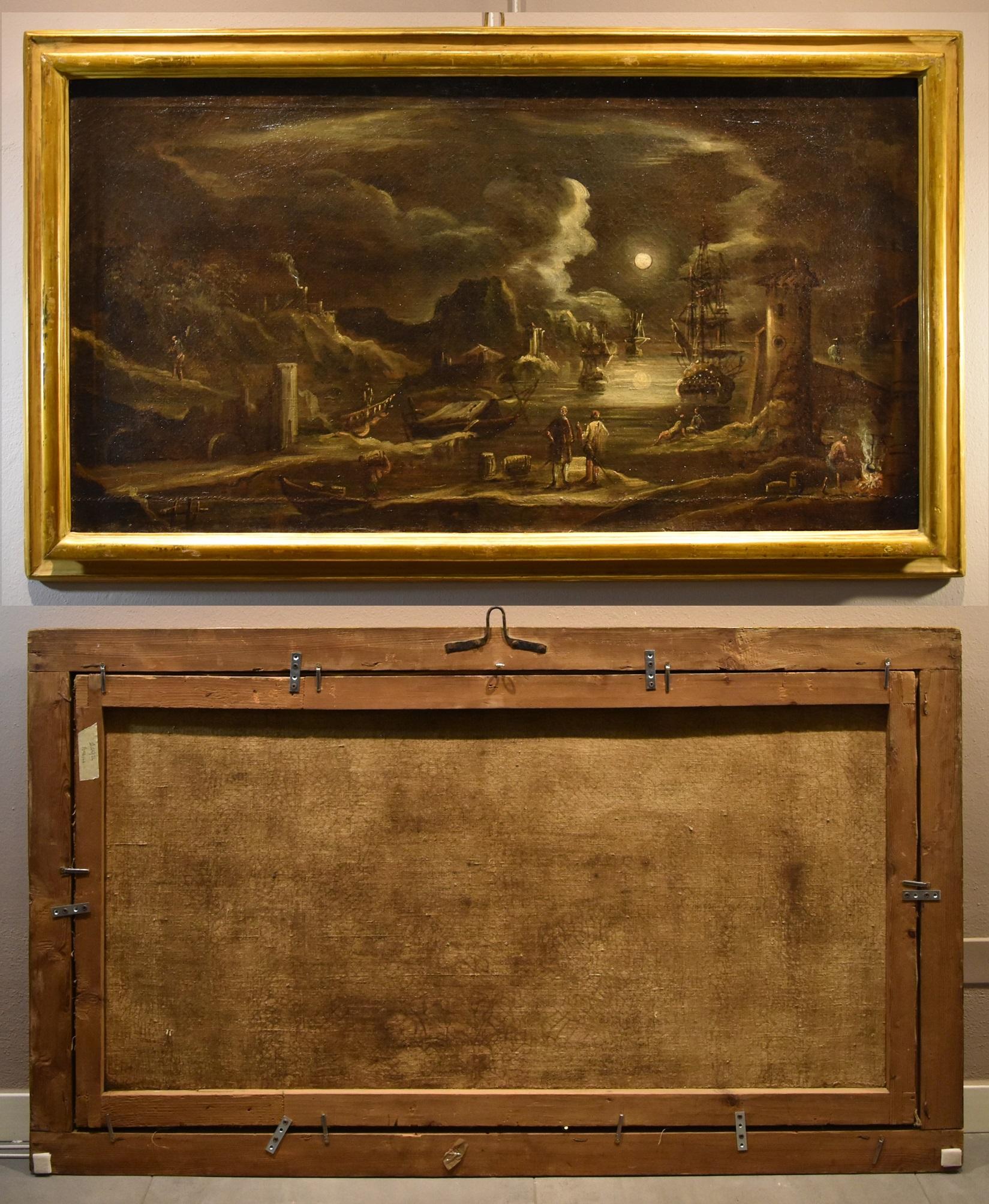 Port Moonlight See Landscape Grevenbroeck Paint 17th Century Oil on canvas For Sale 13