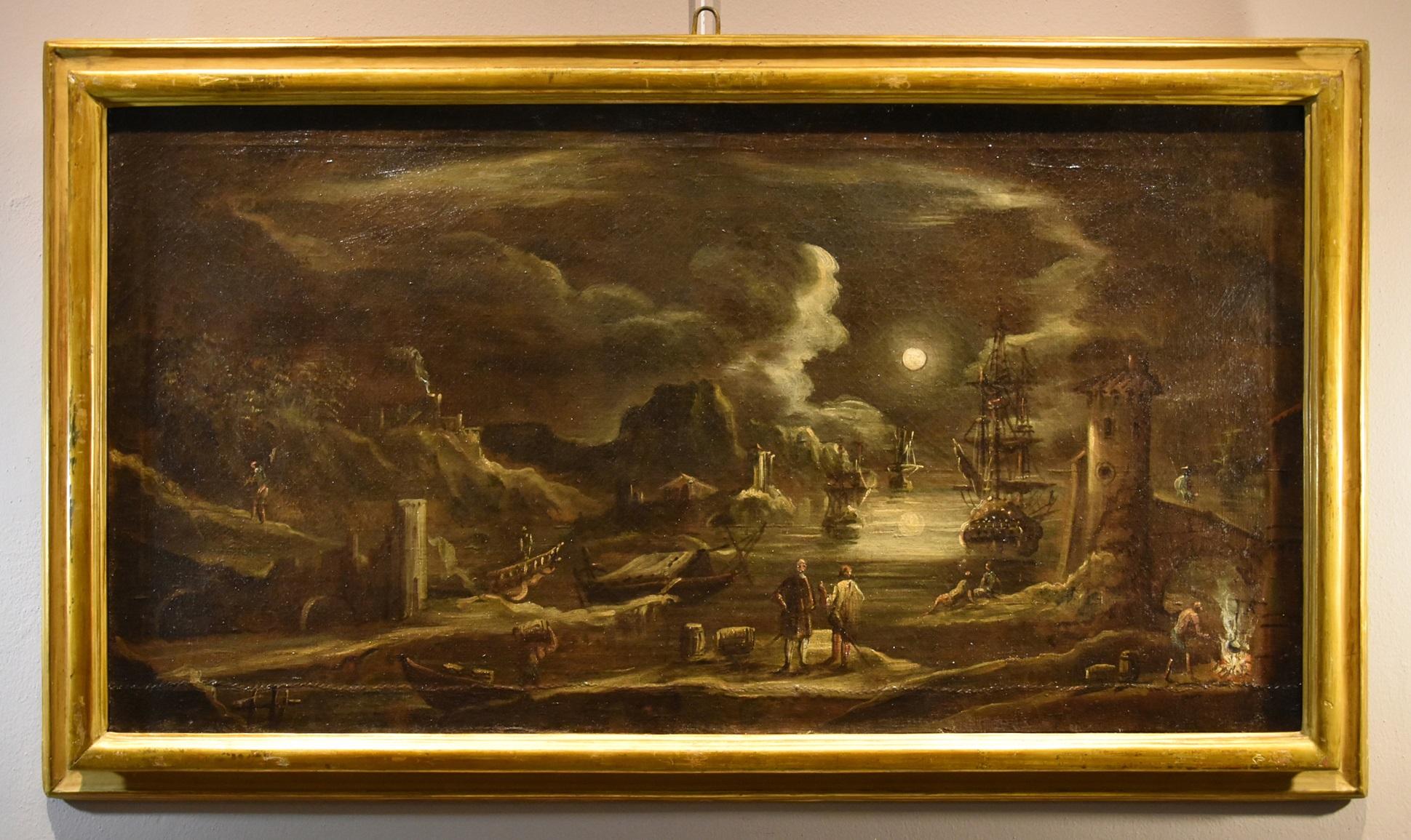 Port Moonlight See Landscape Grevenbroeck Paint 17th Century Oil on canvas - Old Masters Painting by Giovanni Grevenbroeck (netherlands, C. 1650 - Milan, 1699)