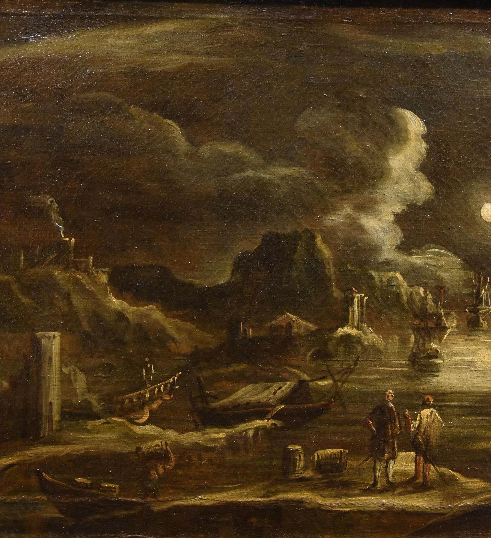 Port Moonlight See Landscape Grevenbroeck Paint 17th Century Oil on canvas For Sale 2