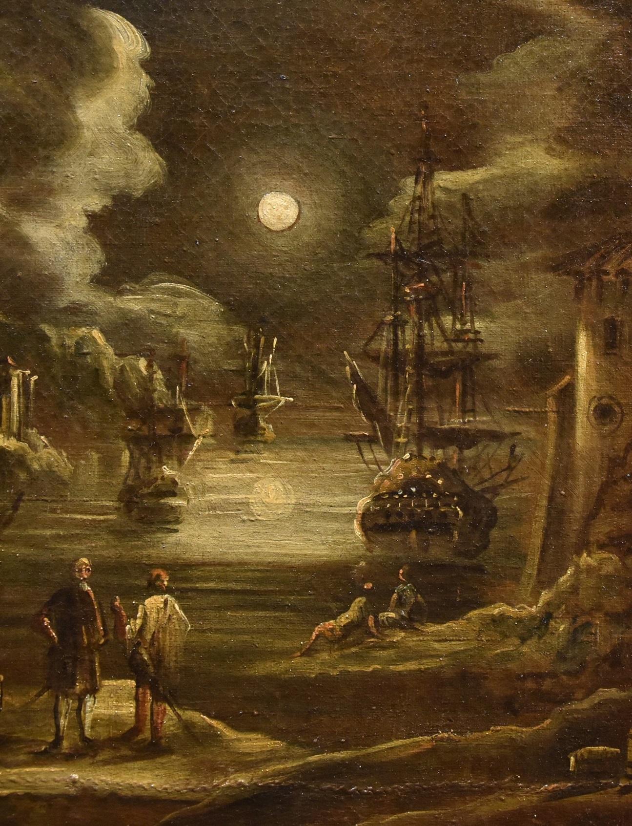 Port Moonlight See Landscape Grevenbroeck Paint 17th Century Oil on canvas For Sale 4