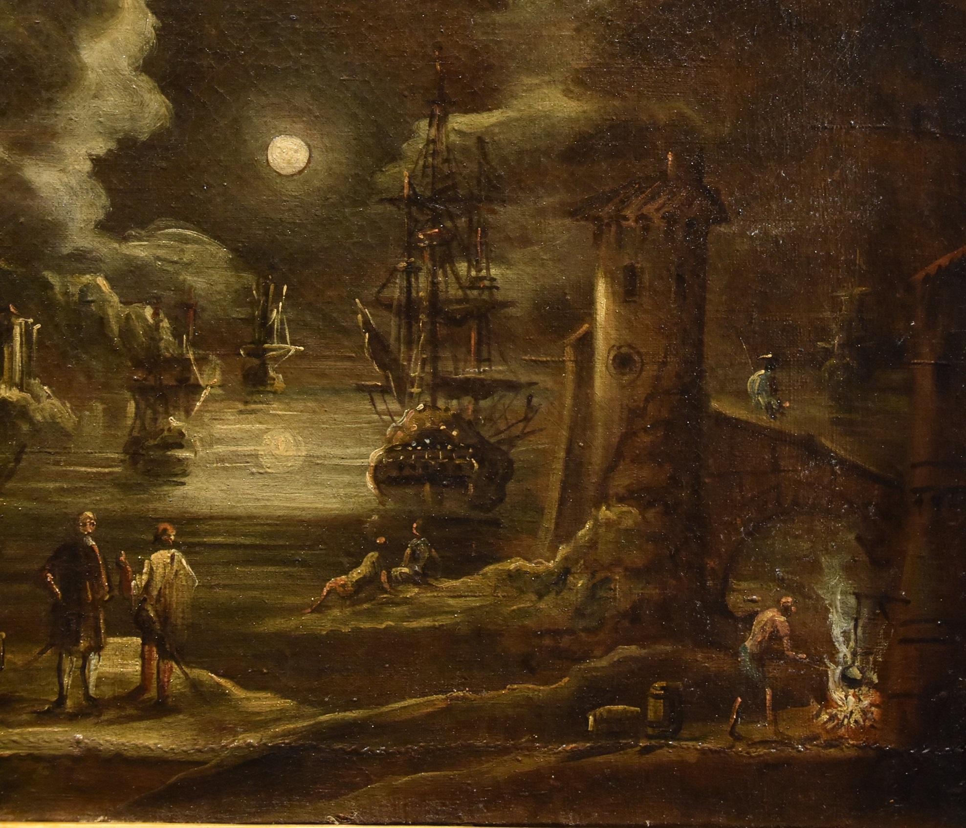 Port Moonlight See Landscape Grevenbroeck Paint 17th Century Oil on canvas For Sale 5