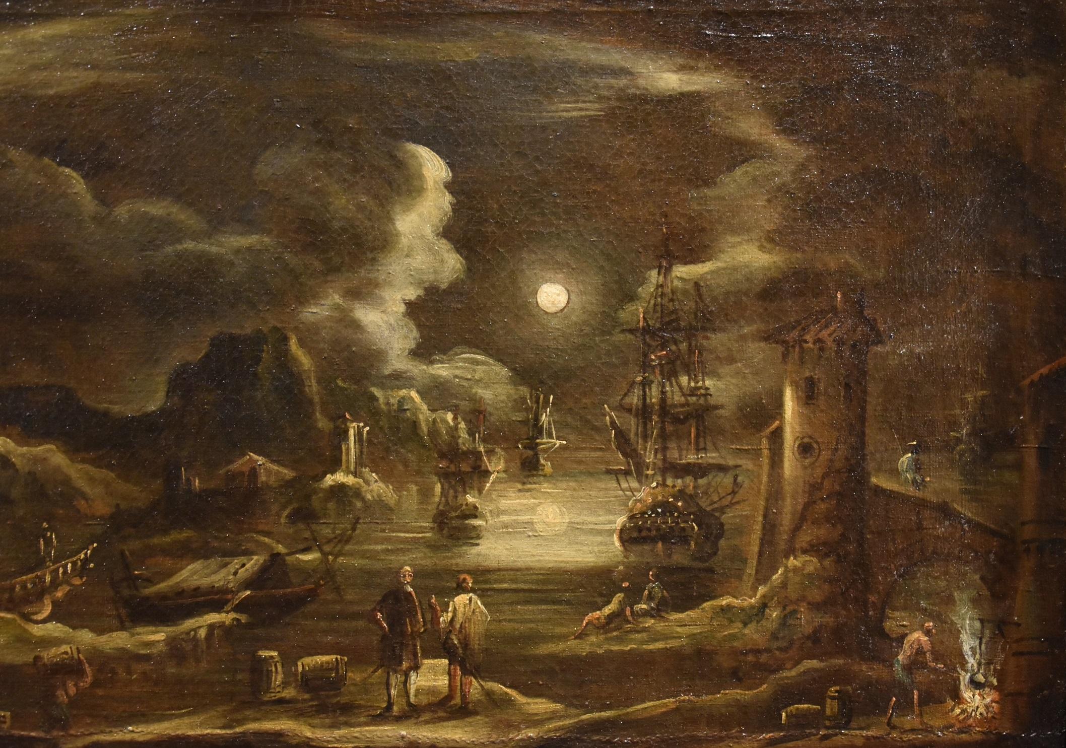 Port Moonlight See Landscape Grevenbroeck Paint 17th Century Oil on canvas For Sale 6