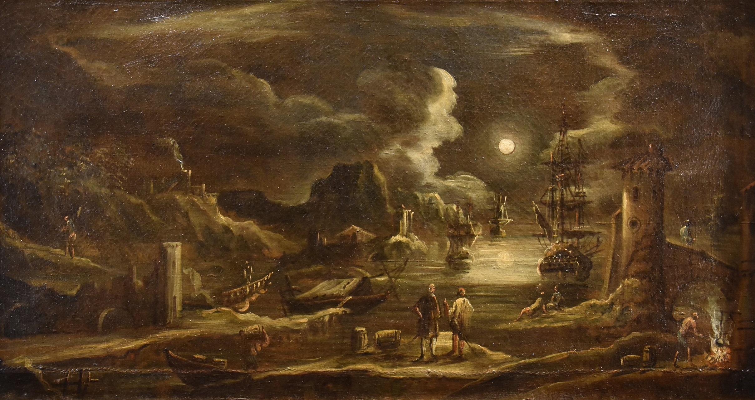Port Moonlight See Landscape Grevenbroeck Paint 17th Century Oil on canvas - Painting by Giovanni Grevenbroeck (netherlands, C. 1650 - Milan, 1699)