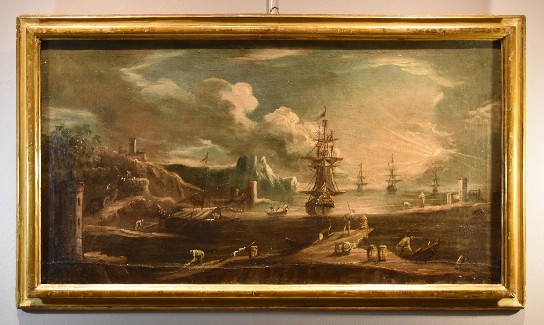 Port See Landscape Grevenbroeck peint à l'huile sur toile 17ème siècle - Painting de Giovanni Grevenbroeck (netherlands, C. 1650 - Milan, 1699)