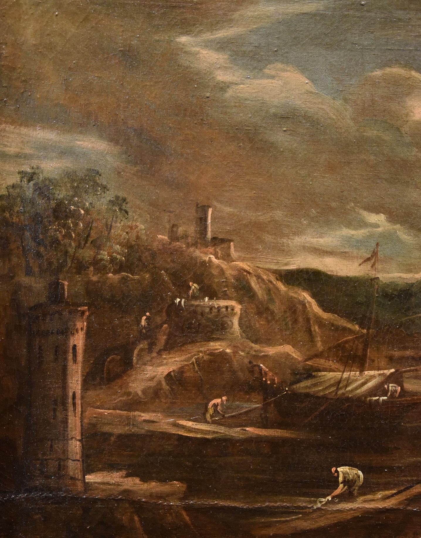 Port See Landscape Grevenbroeck peint à l'huile sur toile 17ème siècle - Marron Landscape Painting par Giovanni Grevenbroeck (netherlands, C. 1650 - Milan, 1699)