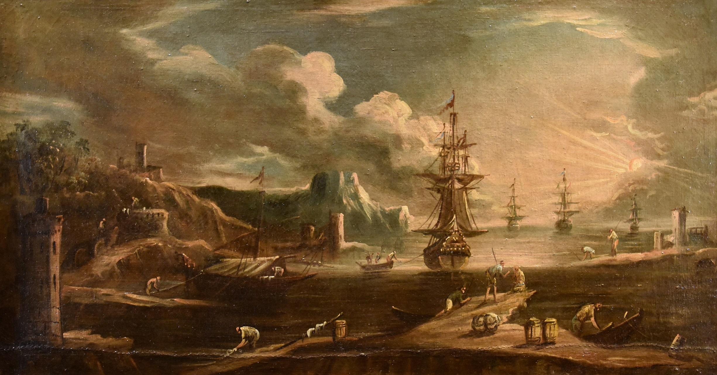 Landscape Painting Giovanni Grevenbroeck (netherlands, C. 1650 - Milan, 1699) - Port See Landscape Grevenbroeck peint à l'huile sur toile 17ème siècle