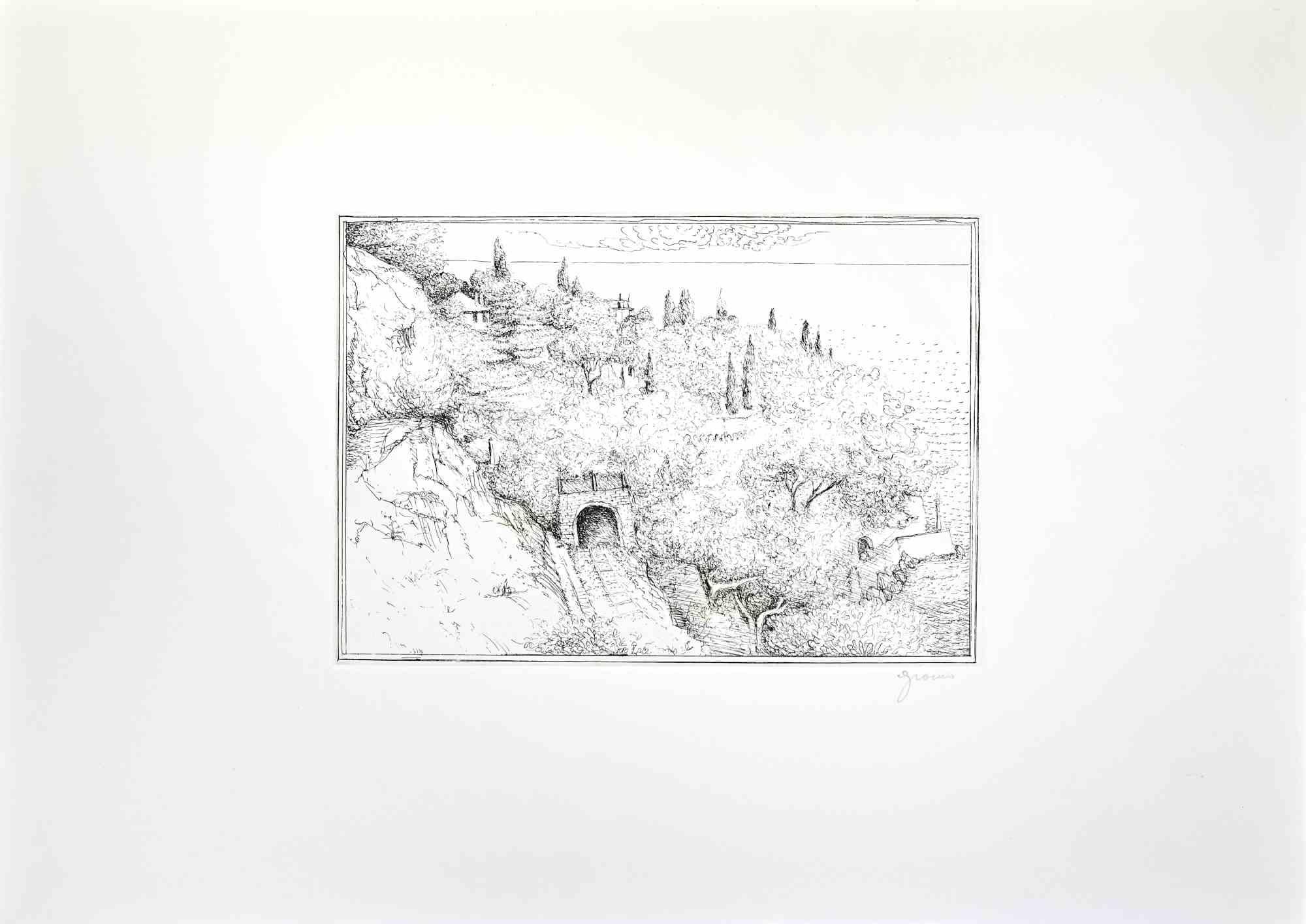 Etching on paper realized by Giovanni Gromo in 1980s.

Hand signed in pencil lower right.

Not numbered,