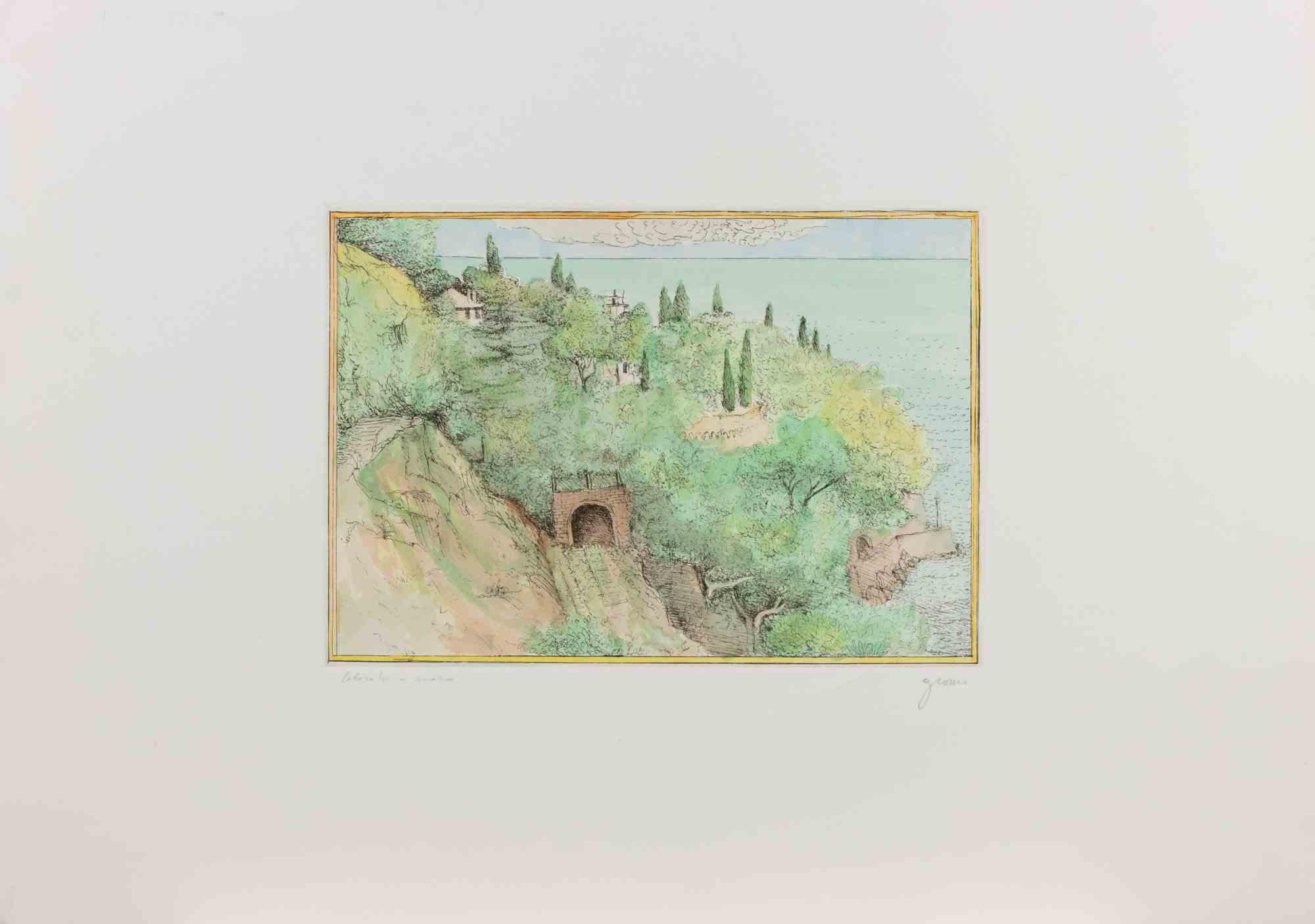 Etching, hand colored.

Hand signed in pencil.

Very good condition.