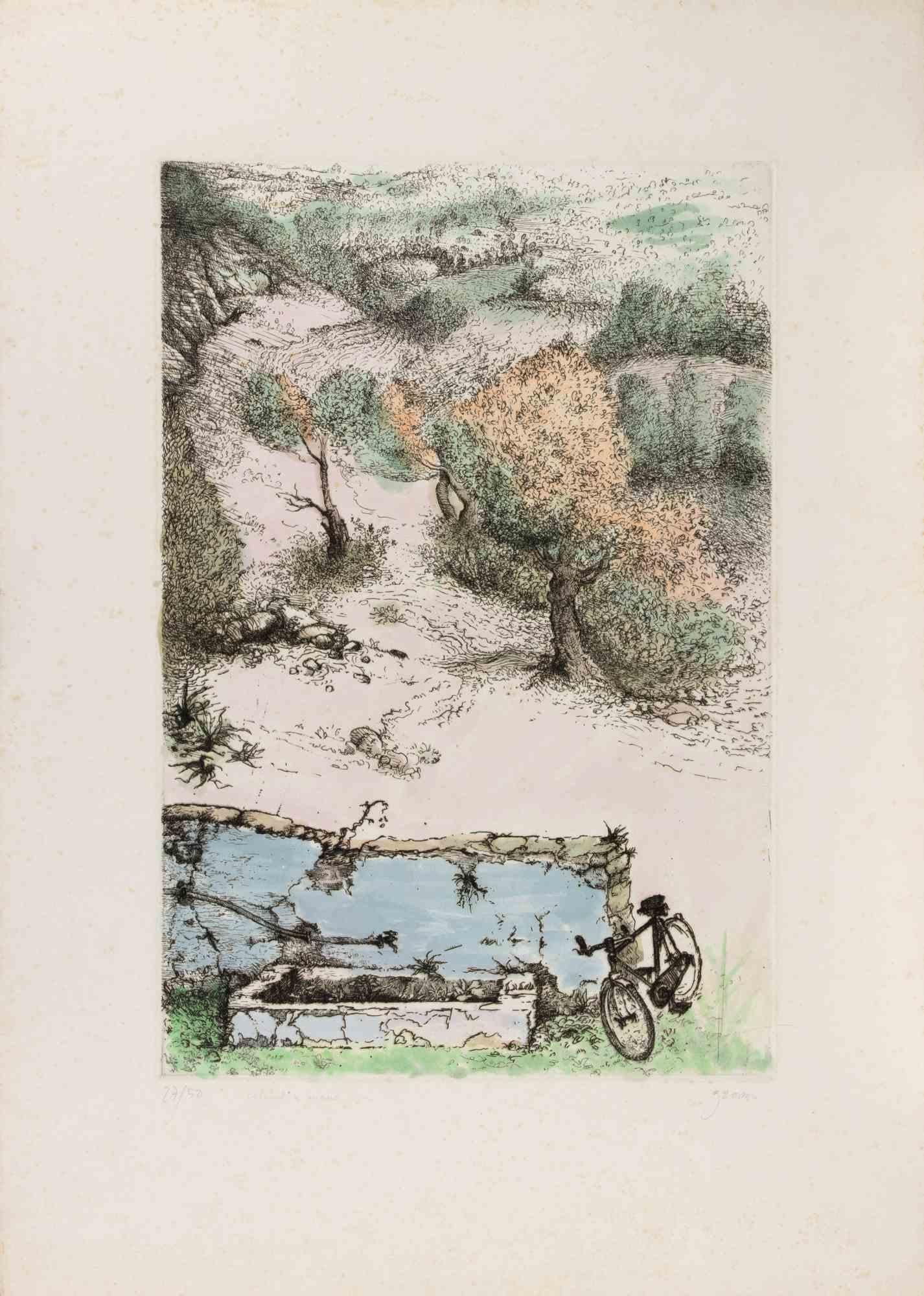 Etching on paper, hand watercolored.

Hand signed and numbered.

Edition of 50.

Very good condition except for some foxing.