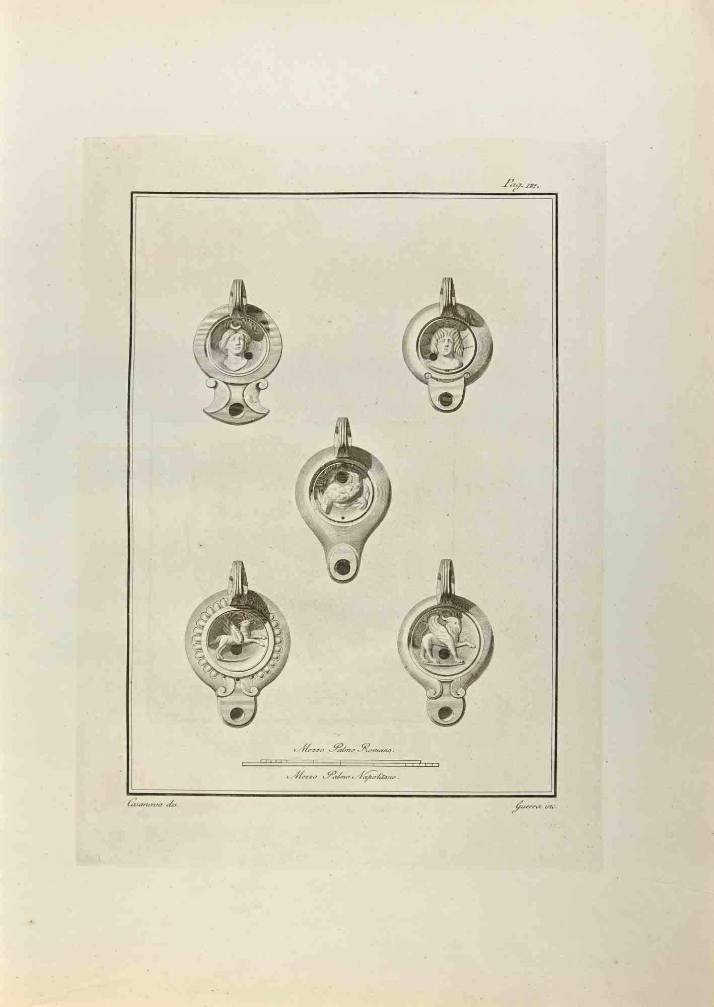 Oil Lamp from "Antiquities of Herculaneum" is an etching on paper realized by Giovanni Guerra in the 18th Century.

Signed on the plate.

Good conditions.

The etching belongs to the print suite “Antiquities of Herculaneum Exposed” (original title: