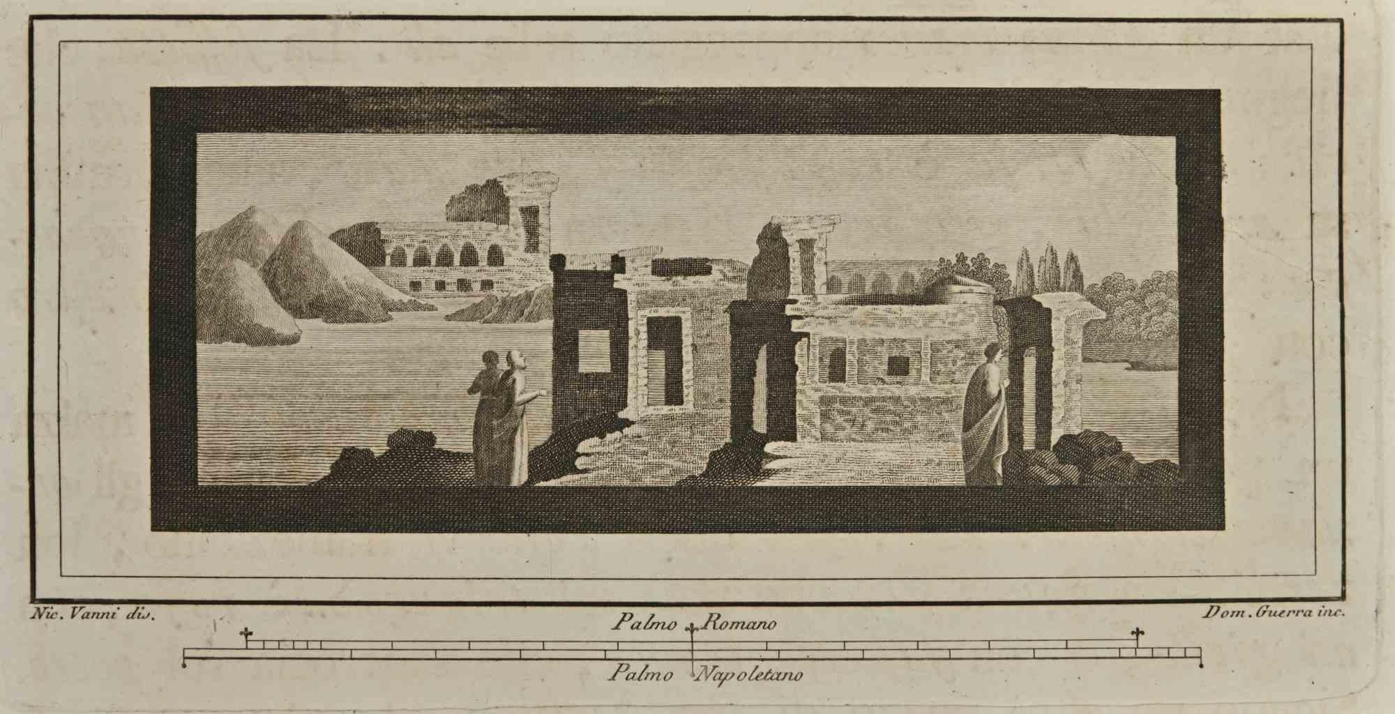 Roman Temple Fresco from "Antiquities of Herculaneum" is an etching on paper realized by Giovanni Guerra in  the 18th Century.

Signed on the plate.

Good conditions with some folding.

The etching belongs to the print suite “Antiquities of