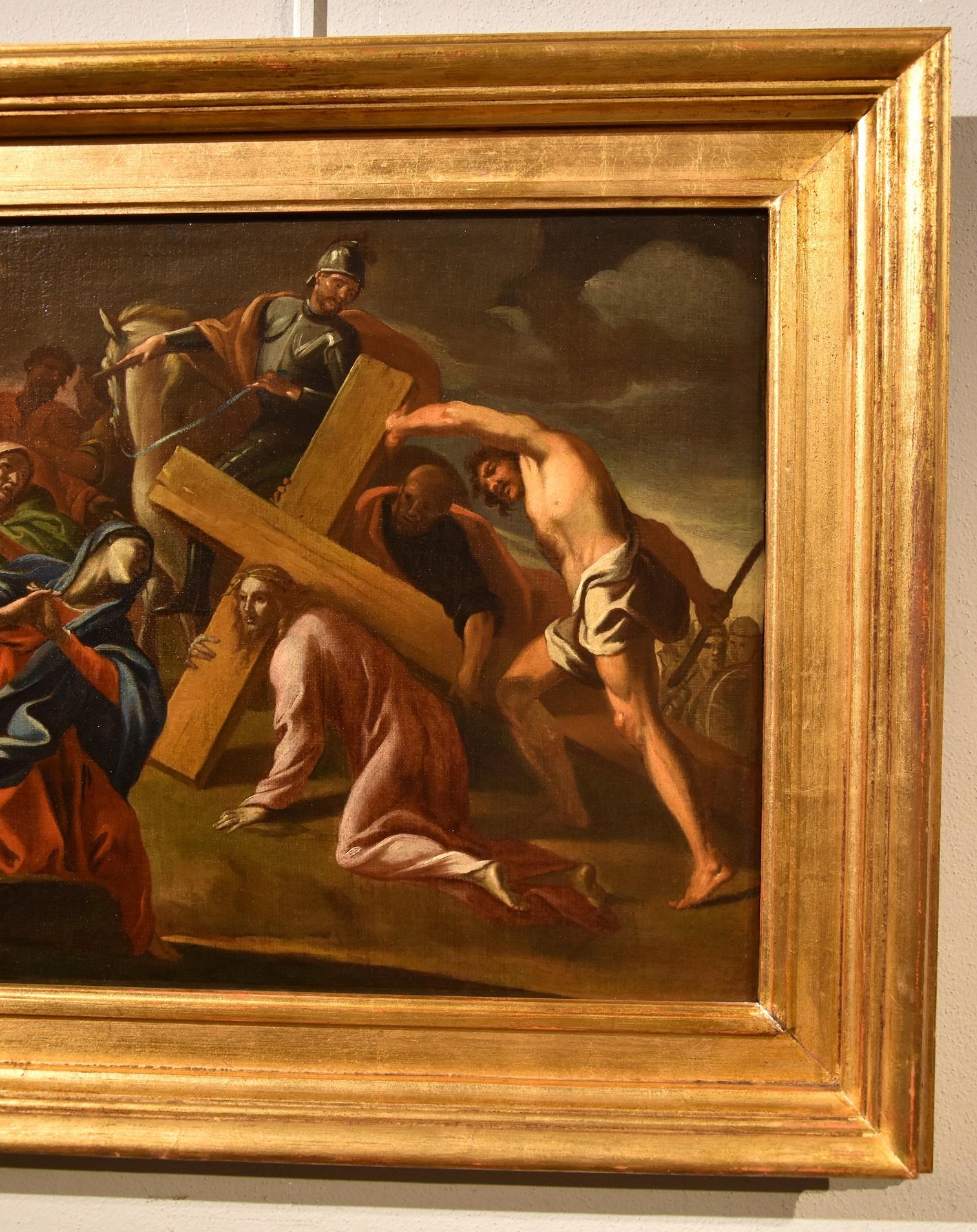 École romaine du XVIIe siècle
Cercle Giovanni Lanfranco (Terenzo, 1582 - Rome, 1647)
La montée au Calvaire (le Christ tombe sous la croix)

Huile sur toile (42 x 49 cm., dans le cadre 58 x 66 cm.)

Ce petit bijou romain du XVIIe siècle, qui