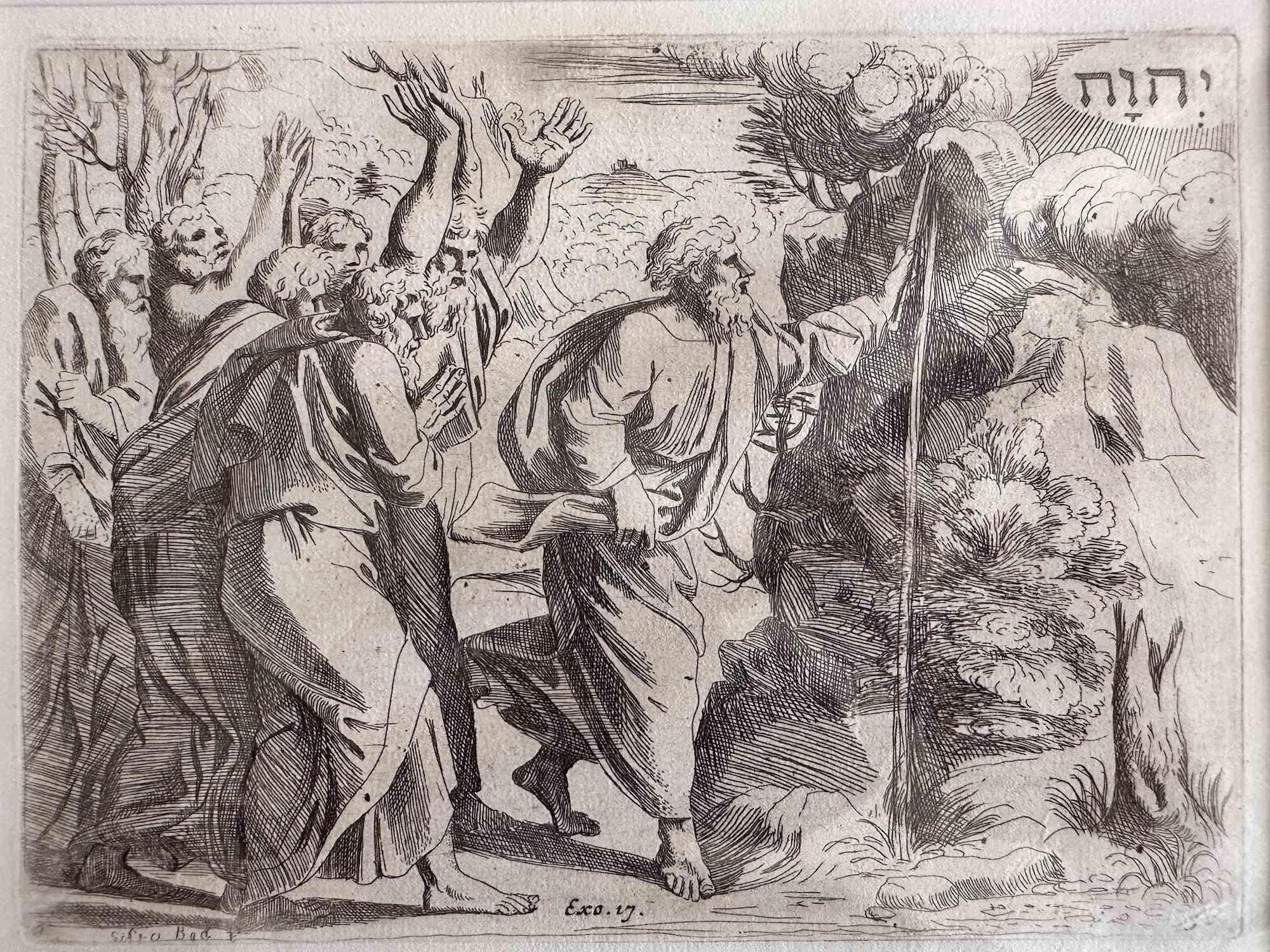 Giovanni Lanfranco (Terenzo, 1582 - Rome, 1647) Figurative Print - Exo.17 - Old Testament Story - Etching by Giovanni Lanfranco - 1607