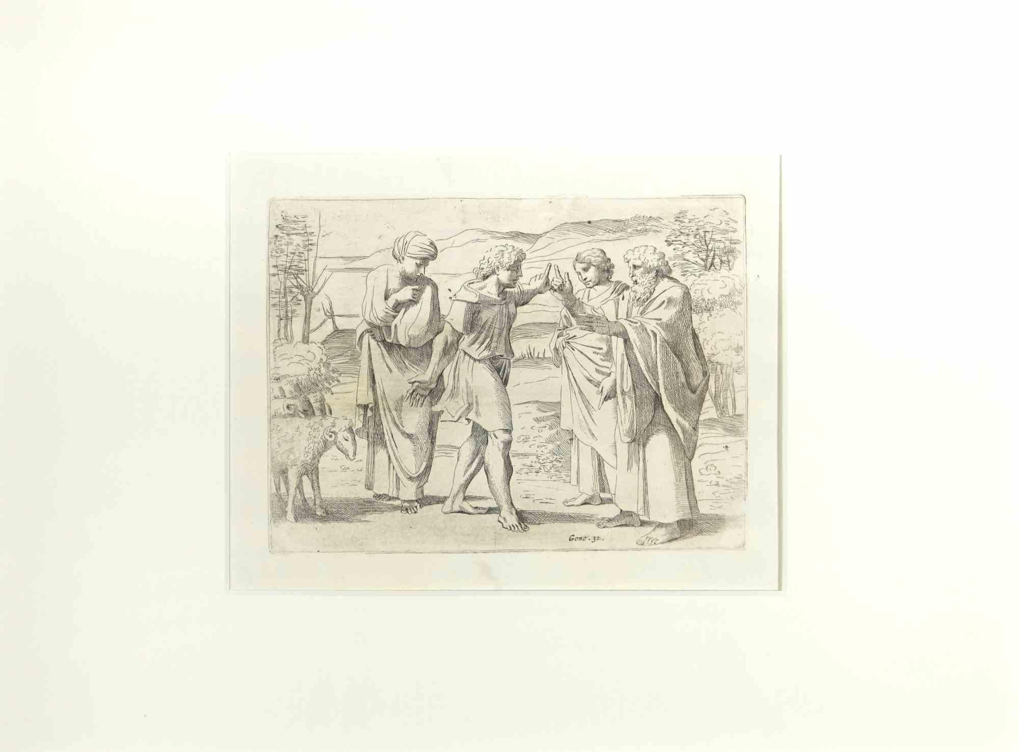 Giovanni Lanfranco (Terenzo, 1582 - Rome, 1647) Figurative Print - Genesis 31 - Old Testament Story - Etching by Giovanni Lanfranco - 1607