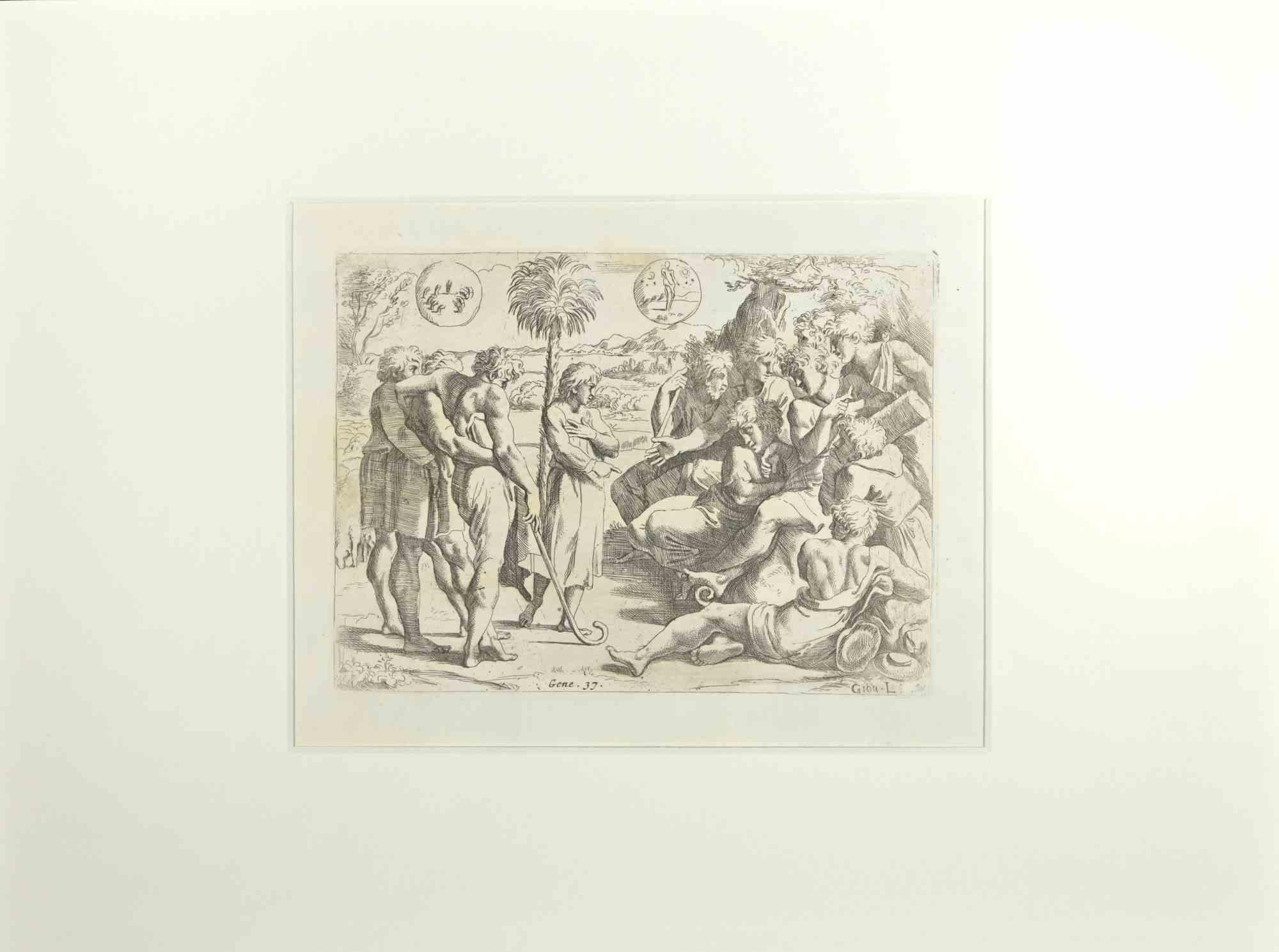 Giovanni Lanfranco (Terenzo, 1582 - Rome, 1647) Figurative Print – Genesis 37 – Die Geschichte des Alten Testaments – Radierung von Giovanni Lanfranco – 1607