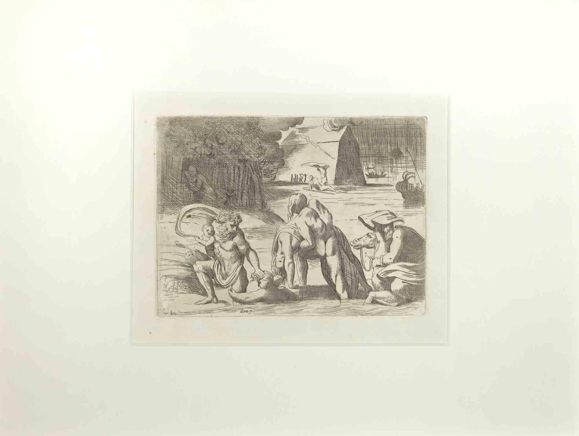 Figurative Print Giovanni Lanfranco (Terenzo, 1582 - Rome, 1647) - Genesis 7 - Histoire du Testament ancien - gravure de Giovanni Lanfranco - 1607