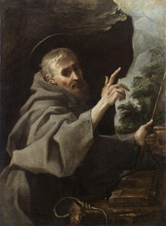 Antique 16th Century Giovanni Laurentini Saint Francis Praying Oil on Canvas White