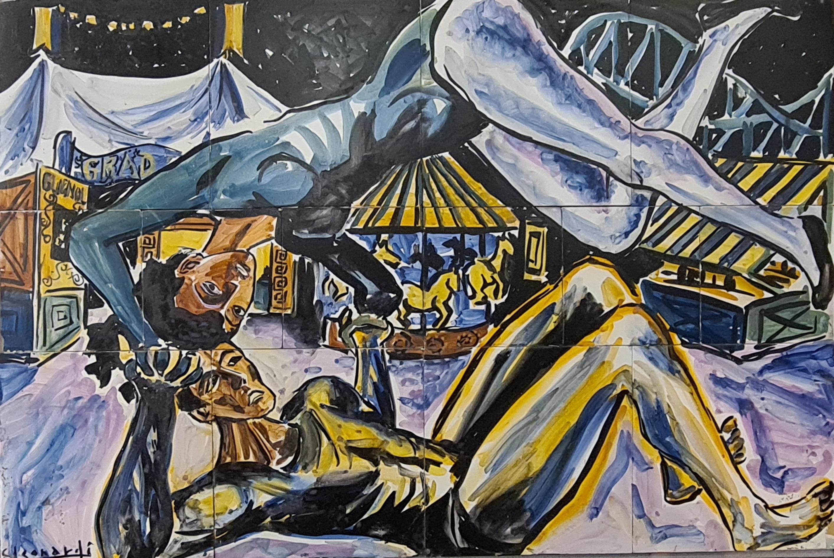 Acrobats au cirque, peinture de Vallauris du milieu du 20e sicle sur cramique. en vente 8