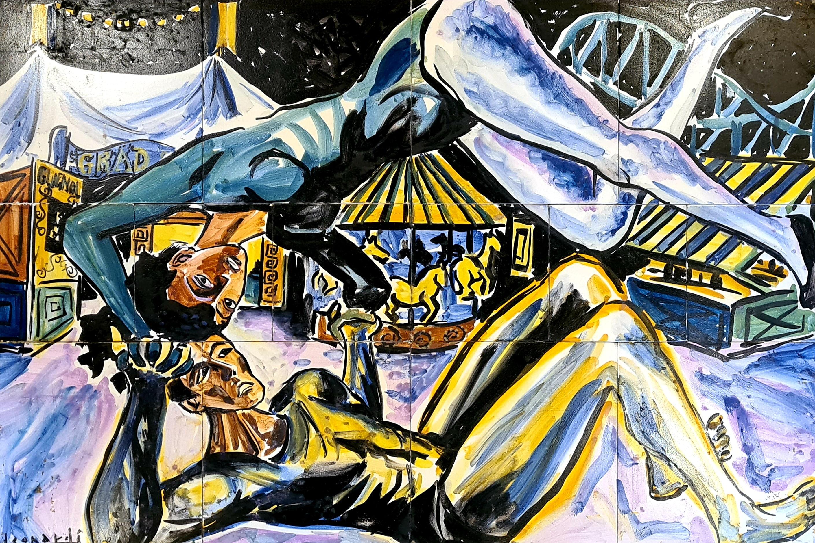 Acrobats au cirque, peinture de Vallauris du milieu du 20e sicle sur cramique. - Painting de Giovanni Leonardi