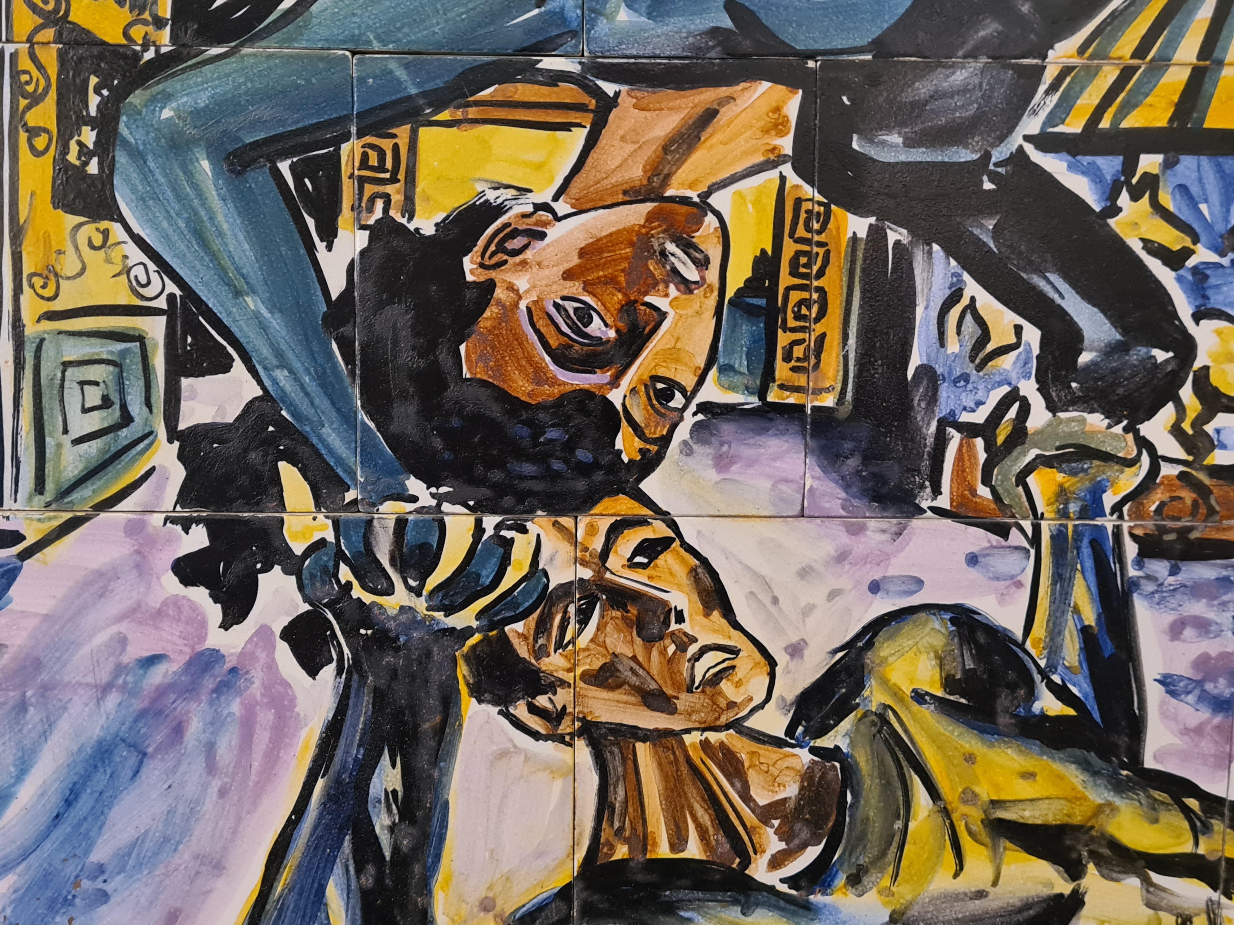 Acrobats au cirque, peinture de Vallauris du milieu du 20e sicle sur cramique. - Noir Figurative Painting par Giovanni Leonardi