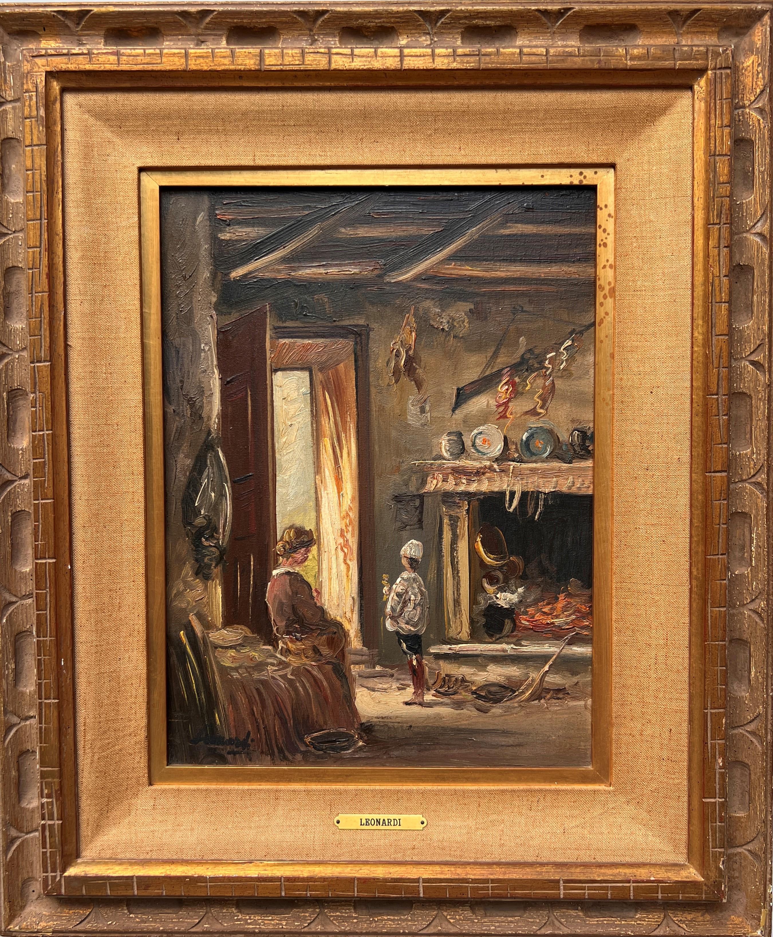 Up for sale is an interesting antique original Italian oil painting on canvas, depicting a genre interior scene.

Signed in the lower-left corner Leonardi. Pencil inscription verso (difficult to read). An engraved gold tone plate showing the name of