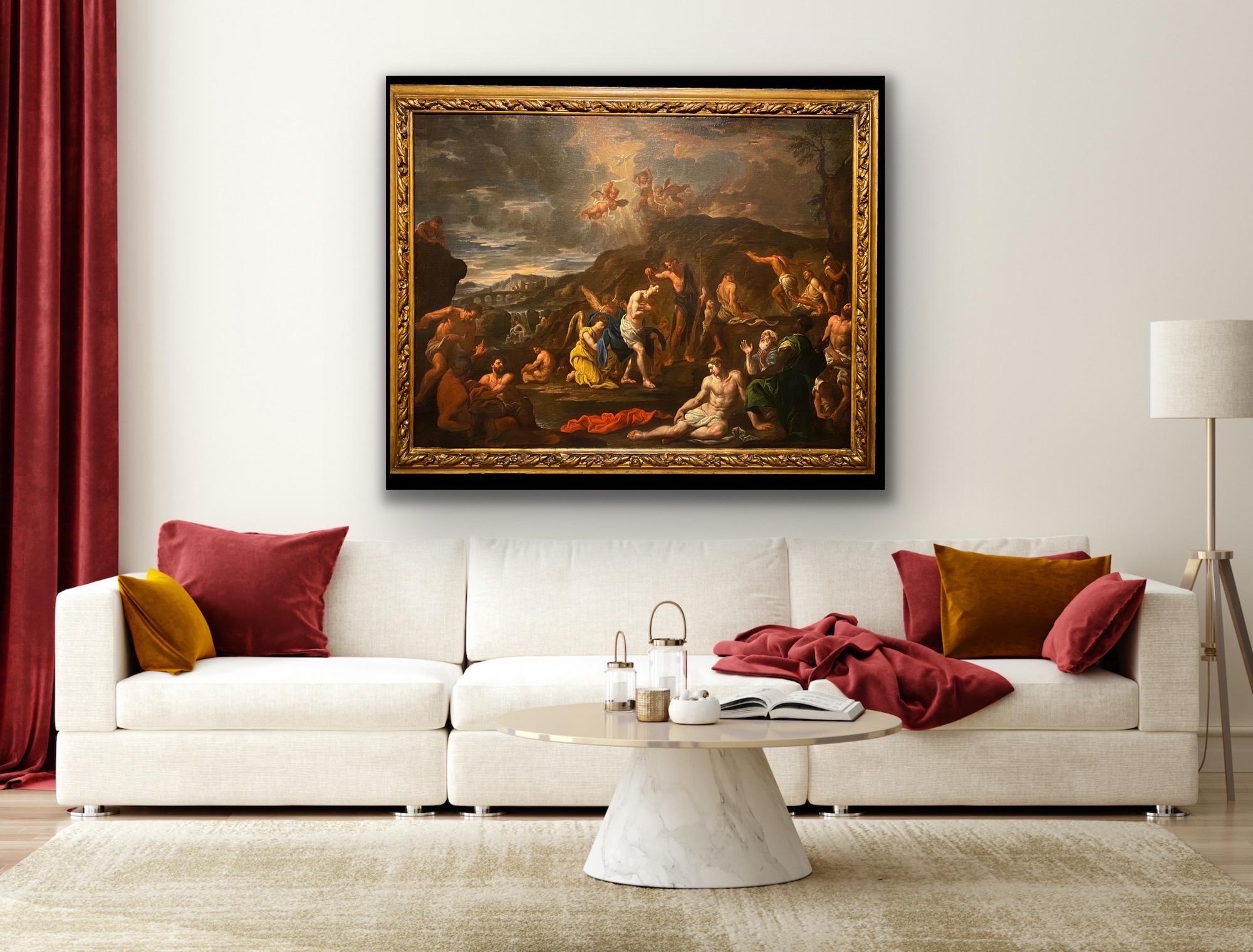 17th century Italian Old Master - The baptism of Christ - Religious Faith - Brown Figurative Painting by Giovanni Lorenzo Bertolotto