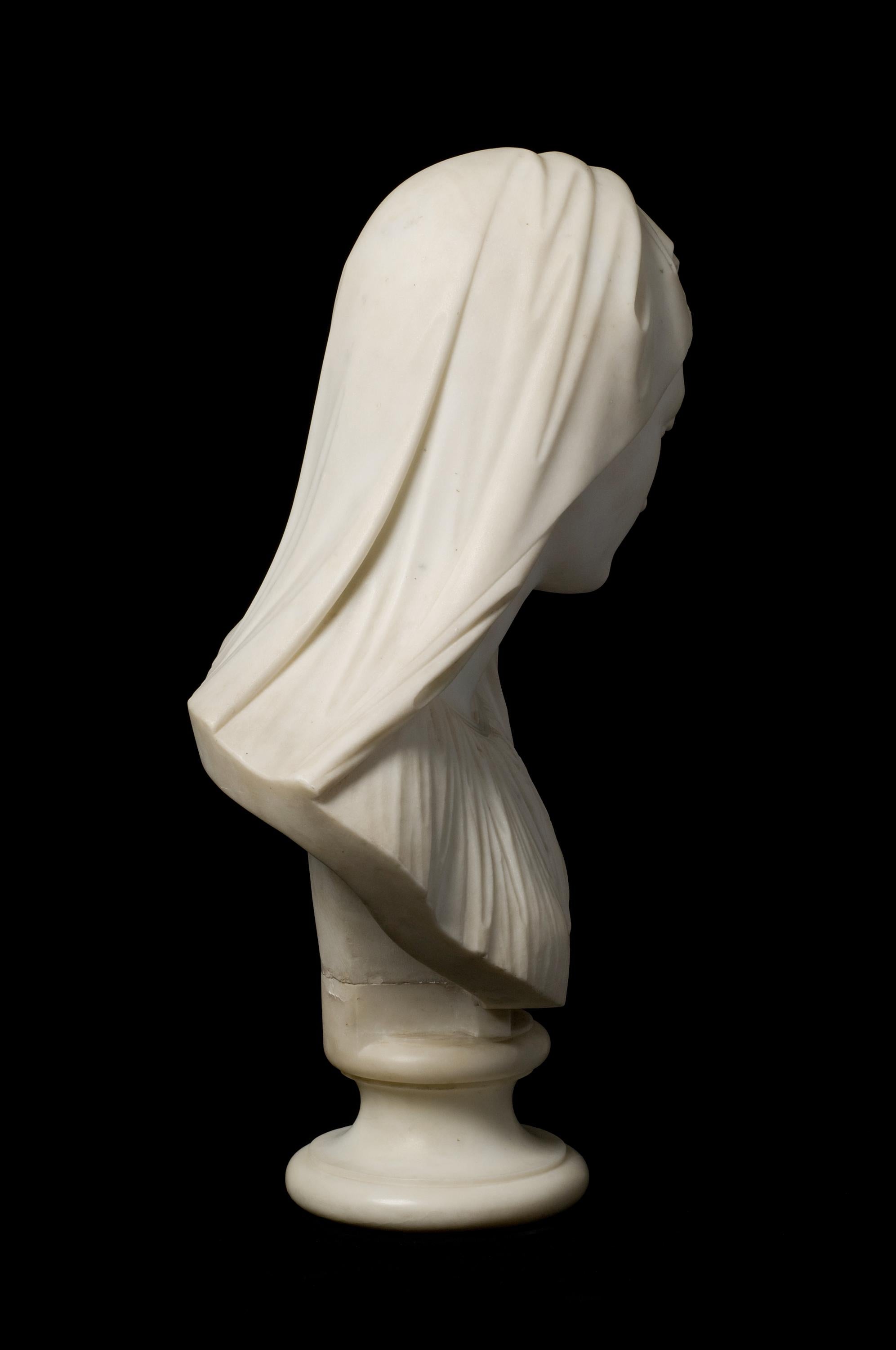 Benzoni is one of the great Italians who was celebrated for marble carving in the 19th century.  His work is in major museums throughout the world and has a work on the floor at the Metropolitan Museum of Art.  
This is a lovely work on many levels