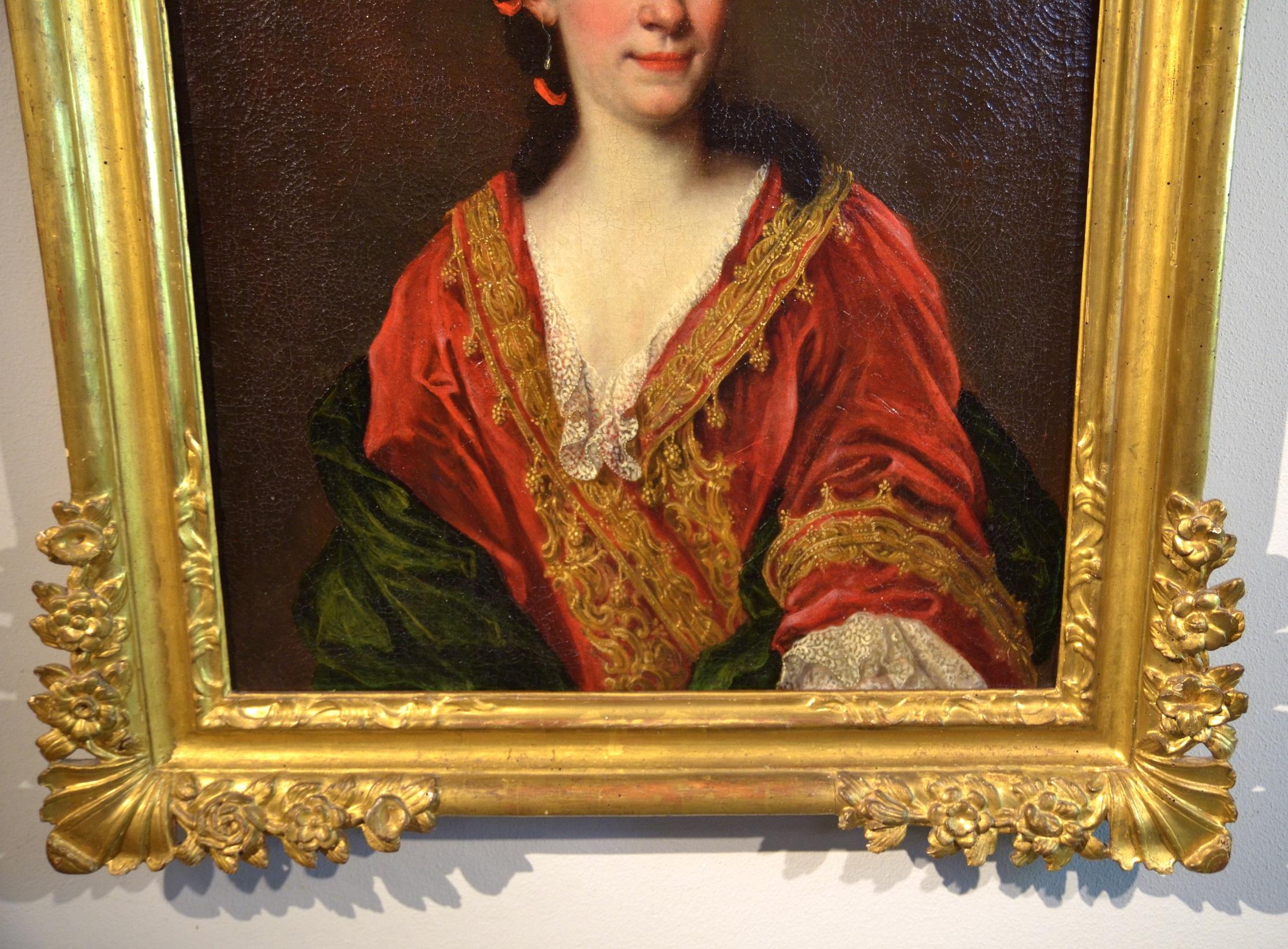 Portrait Woman Lady Delle Piane Paint Oil on canvas Old master 18th Century Art - Brown Portrait Painting by Giovanni Maria delle Piane dit Mulinaretto (Genoa 1670 - Monticelli d´Ongina 1745)