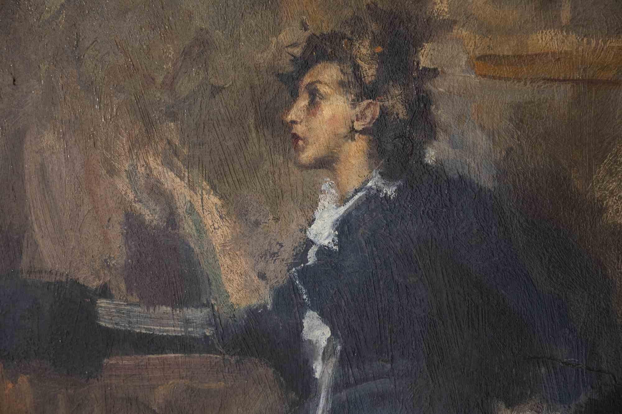 Jeune femme pensive - Peinture à l'huile de Giovanni Maria Mossa - Début du 20ème siècle en vente 2
