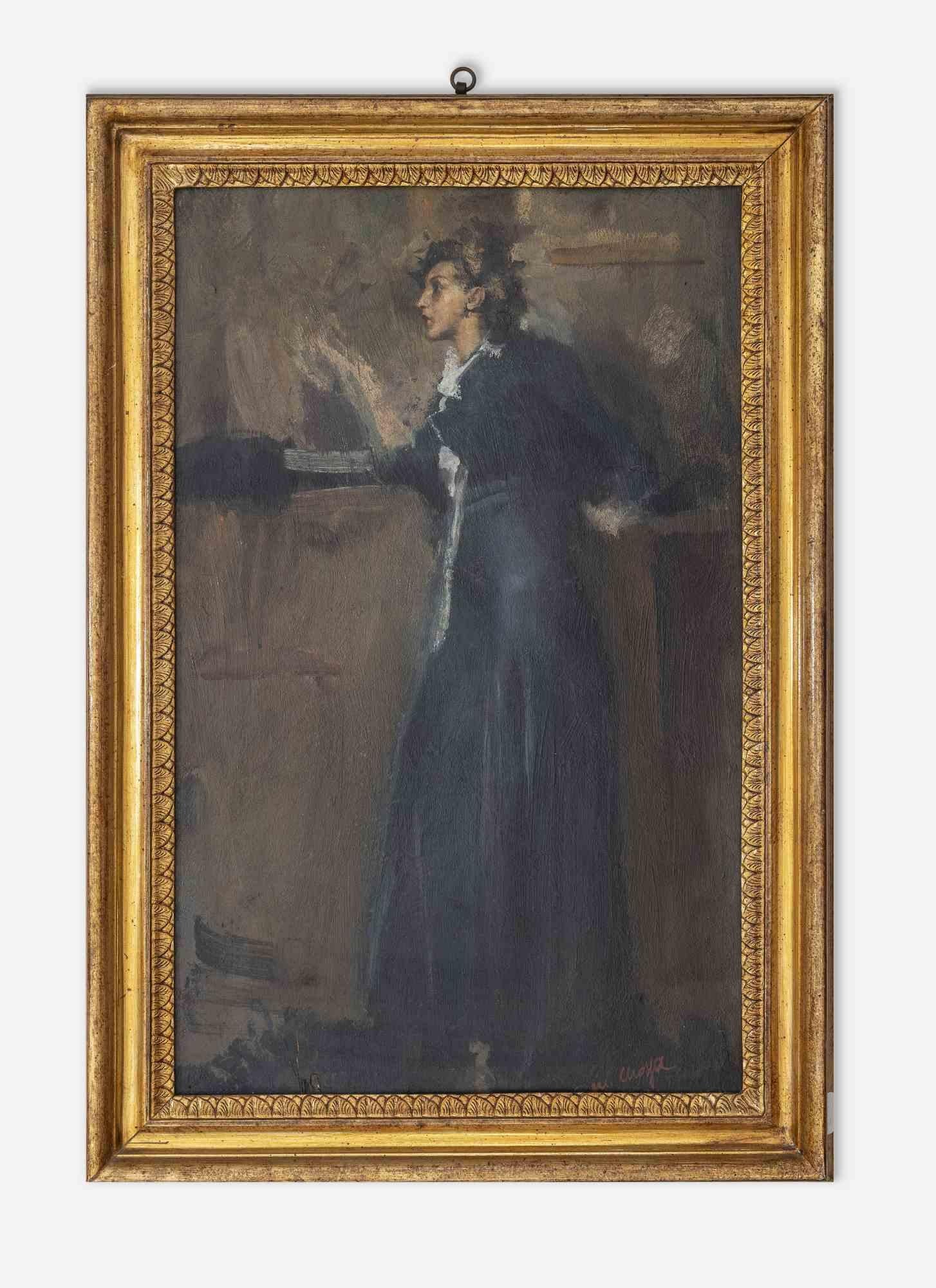 Jeune femme pensive est une œuvre d'art moderne originale réalisée par l'artiste Giovanni Maria Mossa (1892-1973) au début du XXe siècle.

Peinture à l'huile de couleurs mélangées sur carton.

Signé à la main par l'artiste dans la marge inférieure