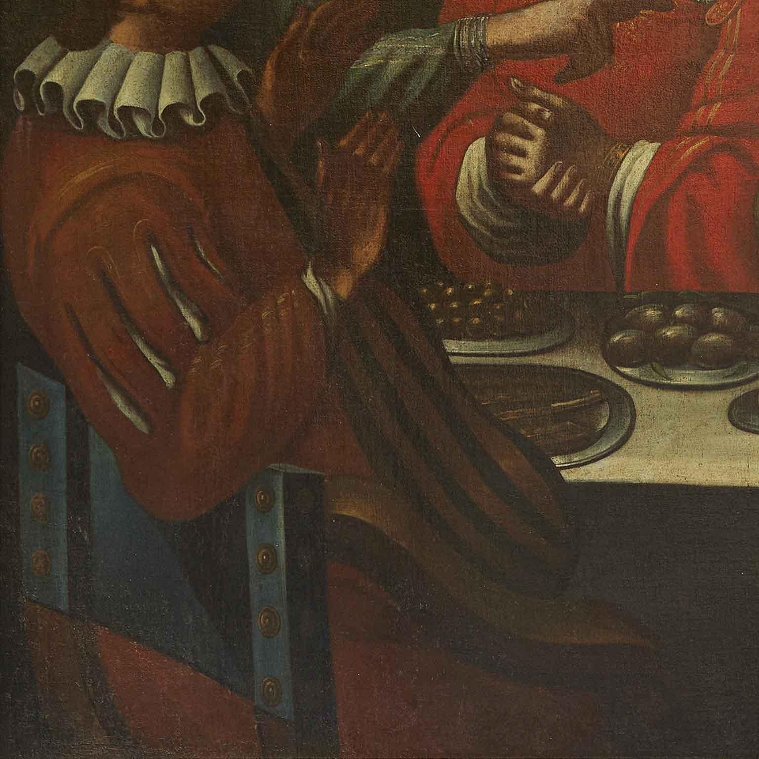 Banquete con figuras Memento Mori Italiano Siglo XVII según Giovanni Martinelli - Figurative Painting Brown de Unknown