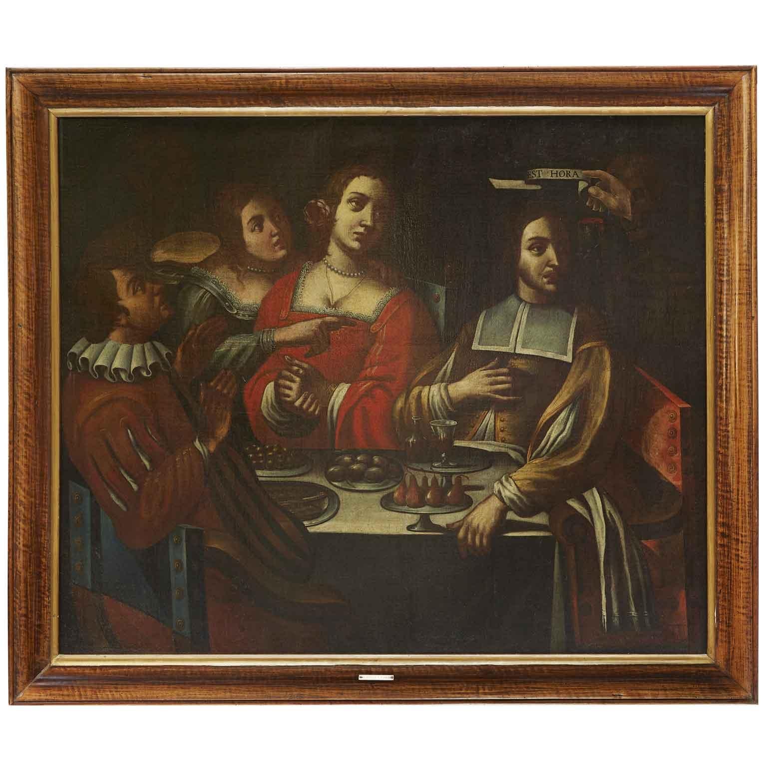 Pintura de principios del siglo XVII Banquete con Figuras Memento Mori después de Giovanni Martinelli la muerte llega a la mesa del banquete- memento mori circa 1635. El óleo sobre lienzo (forrado con bastidor nuevo) se inspira en la obra más famosa