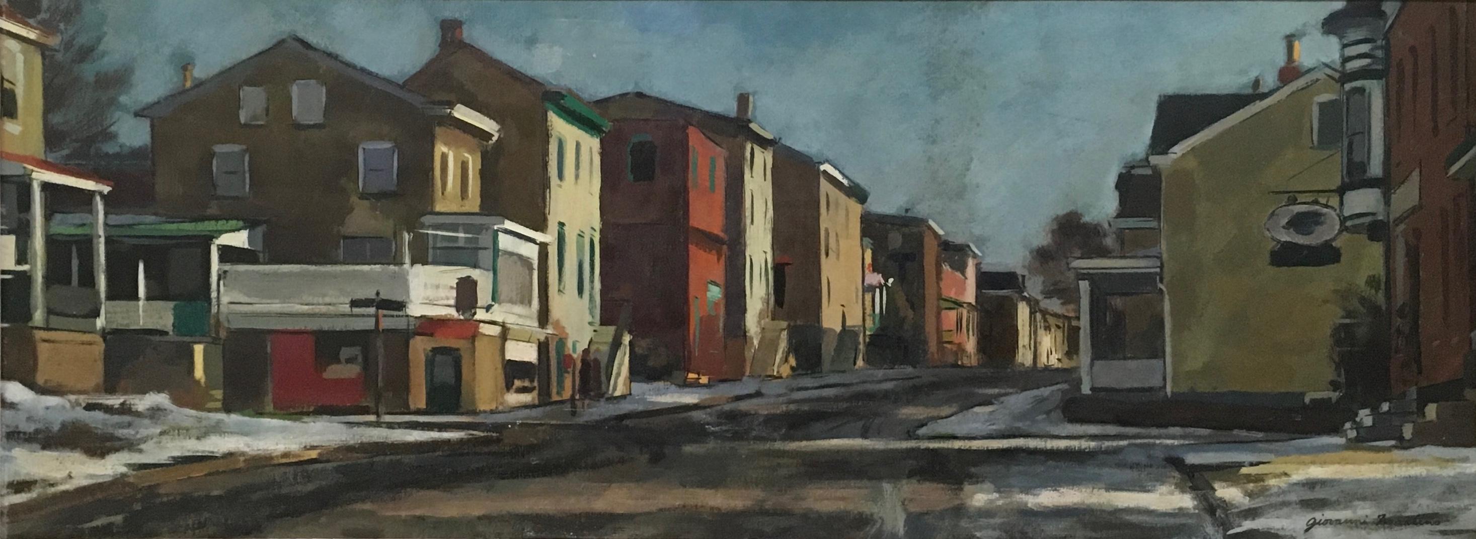 Leverington Avenue - Street Scene Winter Houses (Manayunk or Philadelphia) - Painting by Giovanni Martino