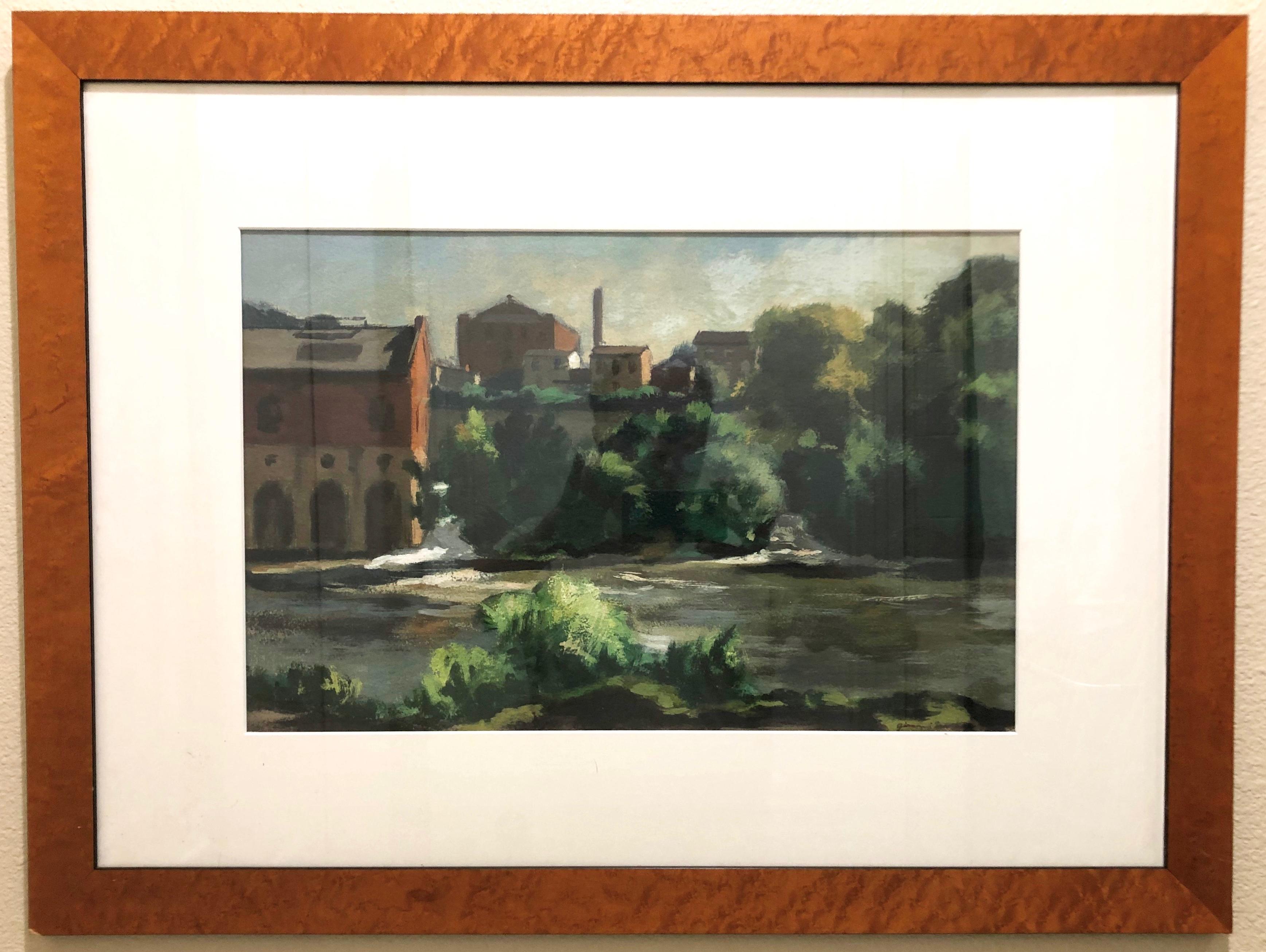 Manayunk Schuylkill River Fabrik Stadtbild Philadelphia GIOVANNI MARTINO 1970 (Amerikanische Moderne), Painting, von Giovanni Martino