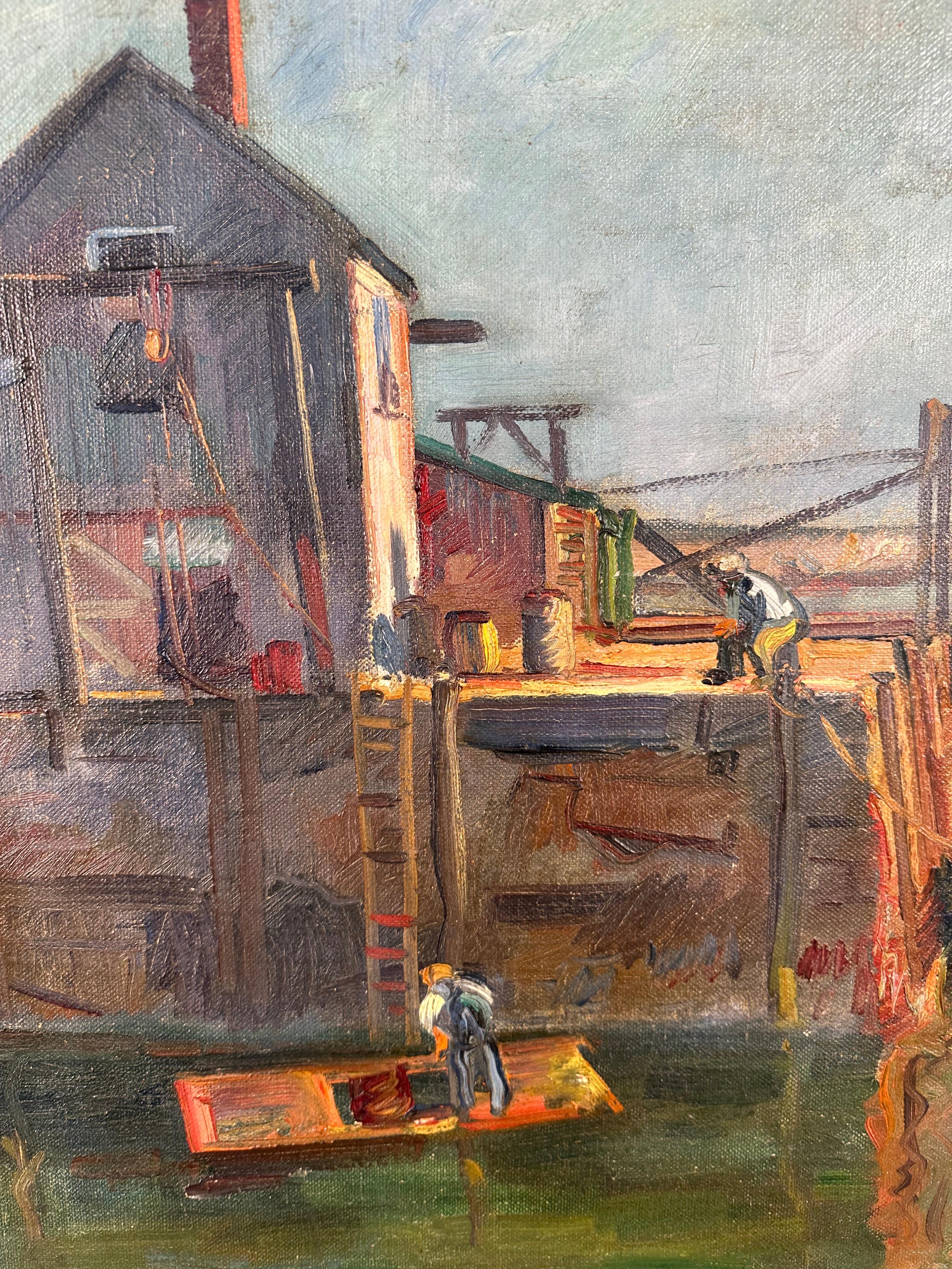 Beautiful 1931 painting by American artist, Giovanni Martino (1908-1997). Oil on canvas measures 25 x 30 inches. Measures 35 x 39 inches framed. The scene depicts what is definitively the Rockport, Mass. fishing pier. Excellent condition with a few