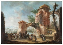 18th century Italian landscape painting - Figure festival - Oil on canvas Turin